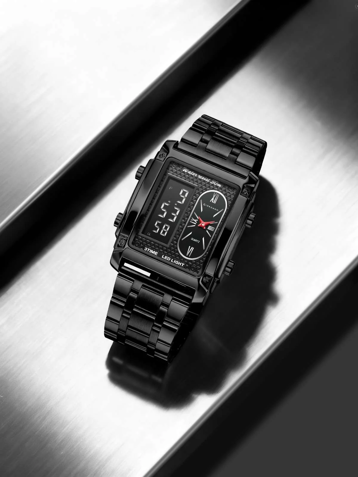 Giordano Analog-Digital Quartz Watch for Men with LED Light, 3-Time Display, Date Function, 30M Water Resistance & Stainless Steel Strap - GZ-50184-11 - Image 3