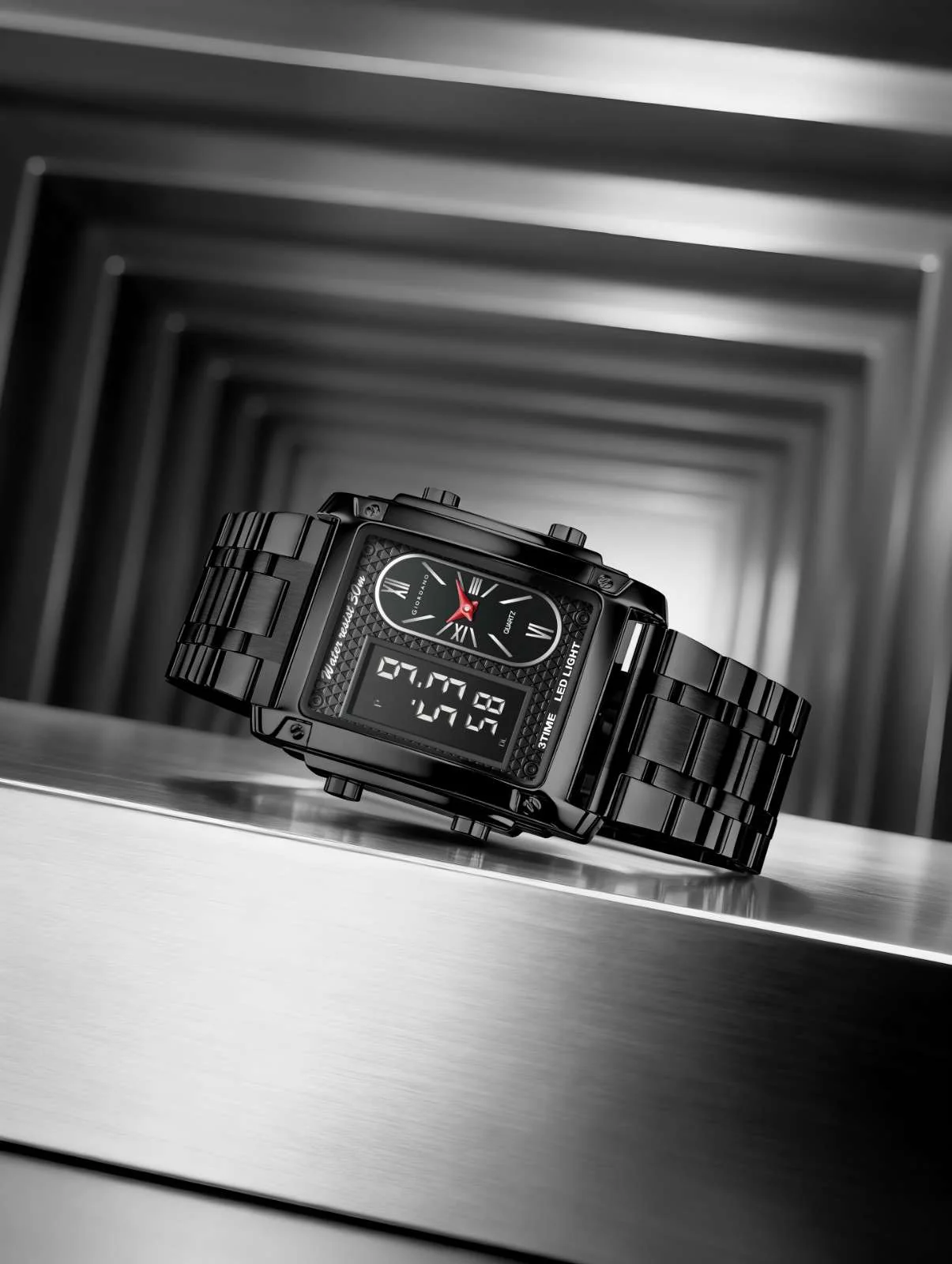 Giordano Analog-Digital Quartz Watch for Men with LED Light, 3-Time Display, Date Function, 30M Water Resistance & Stainless Steel Strap - GZ-50184-11 - Image 4