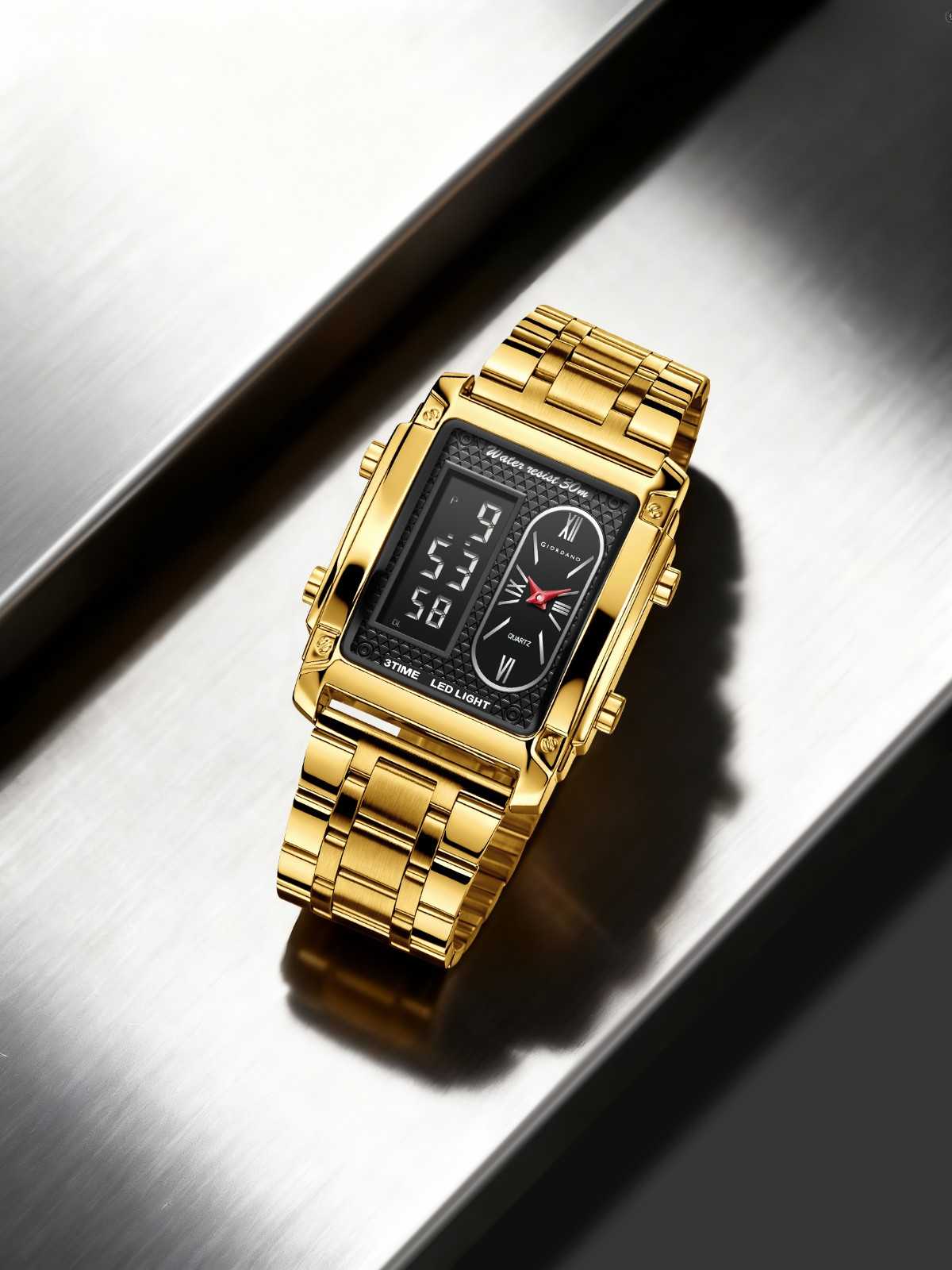 Giordano Analog-Digital Quartz Watch for Men with LED Light, 3-Time Display, Date Function, 30M Water Resistance & Stainless Steel Strap - GZ-50184-22 - Image 3
