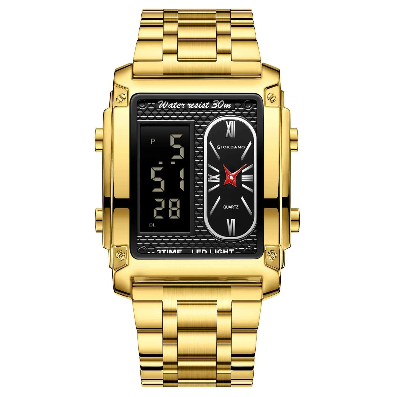 Giordano Analog-Digital Quartz Watch for Men with LED Light, 3-Time Display, Date Function, 30M Water Resistance & Stainless Steel Strap - GZ-50184-22 - Image 6