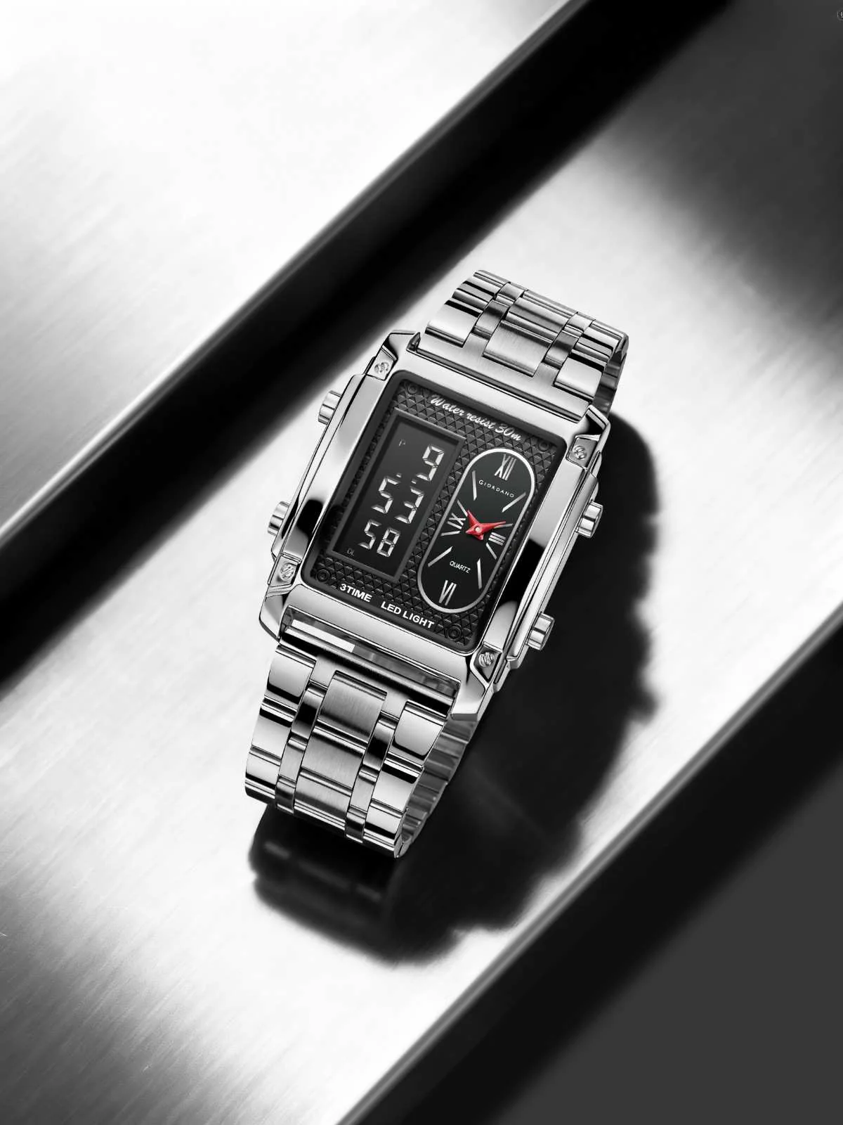 Giordano Analog-Digital Quartz Watch for Men with LED Light, 3-Time Display, Date Function, 30M Water Resistance & Stainless Steel Strap - GZ-50184-33 - Image 3