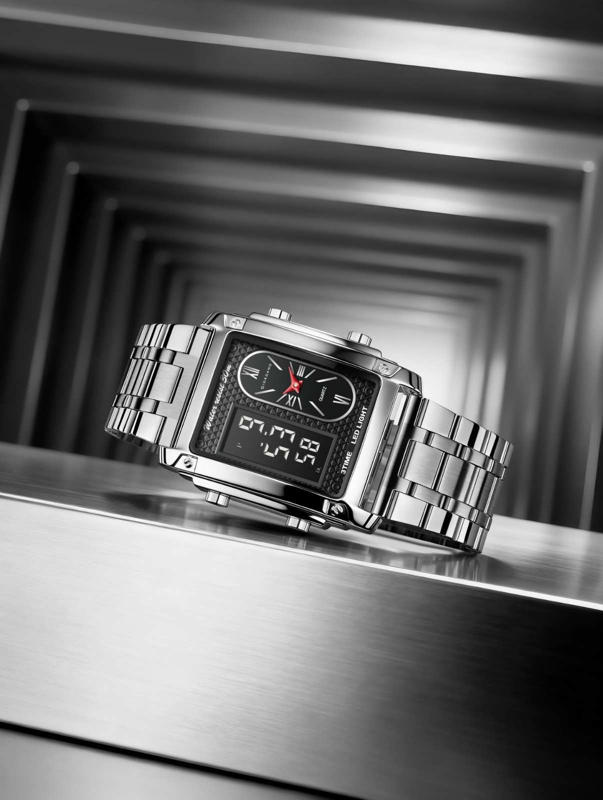 Giordano Analog-Digital Quartz Watch for Men with LED Light, 3-Time Display, Date Function, 30M Water Resistance & Stainless Steel Strap - GZ-50184-33 - Image 4
