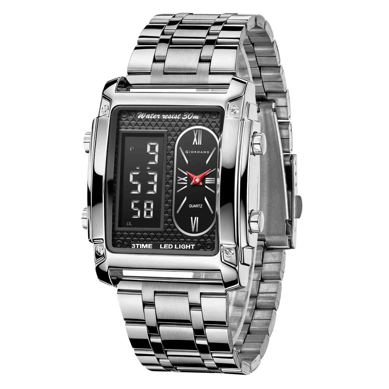 Giordano Analog-Digital Quartz Watch for Men with LED Light, 3-Time Display, Date Function, 30M Water Resistance & Stainless Steel Strap - GZ-50184-33 - Image 6