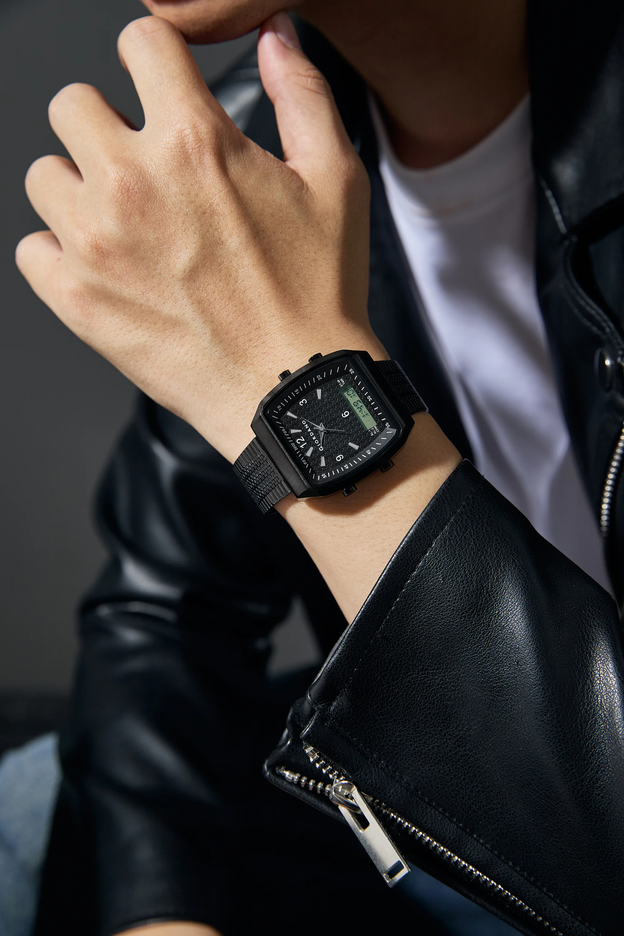 Giordano Analog-Digital Square Watch for Men Dual Time Display, Quartz Movement, Day Display, Textured Dial and Black Stainless Steel Strap - GZ-50219-11 - Image 2