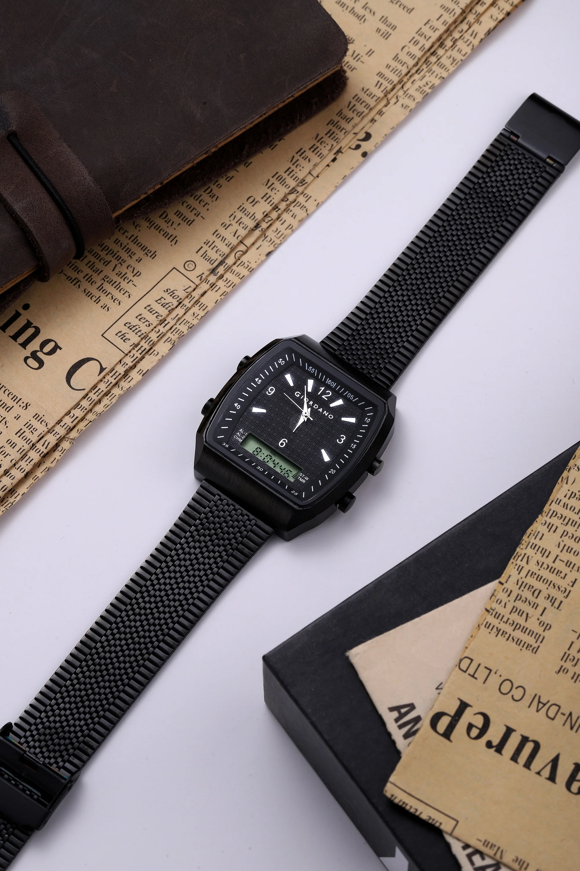 Giordano Analog-Digital Square Watch for Men Dual Time Display, Quartz Movement, Day Display, Textured Dial and Black Stainless Steel Strap - GZ-50219-11 - Image 3
