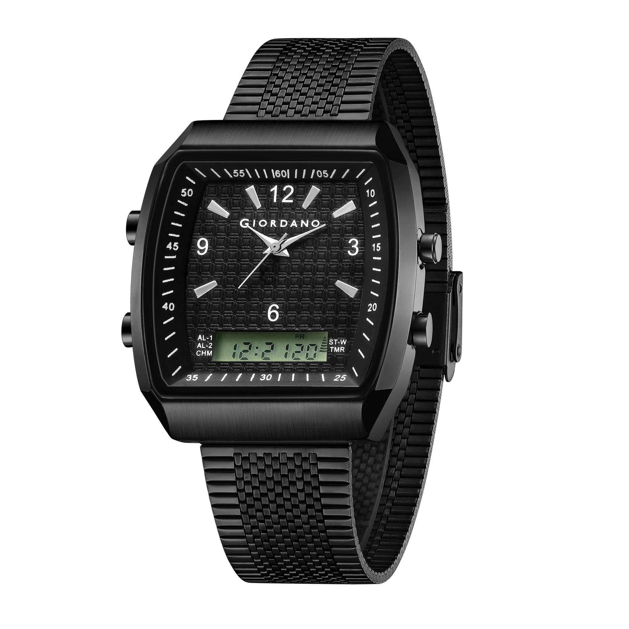 Giordano Analog-Digital Square Watch for Men Dual Time Display, Quartz Movement, Day Display, Textured Dial and Black Stainless Steel Strap - GZ-50219-11 - Image 5