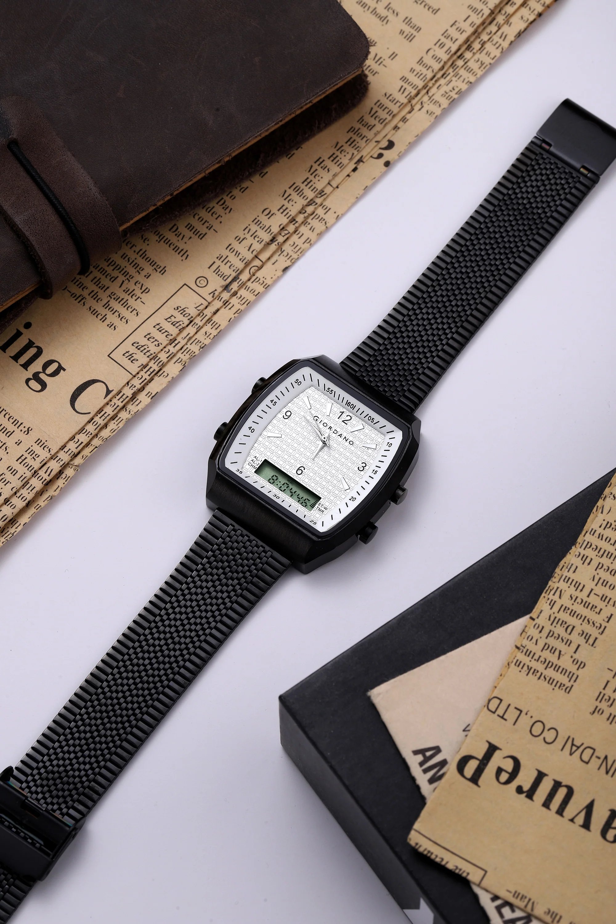 Giordano Analog-Digital Square Watch for Men Dual Time Display, Quartz Movement, Day Display, Textured Dial and Black Stainless Steel Strap - GZ-50219-22 - Image 3
