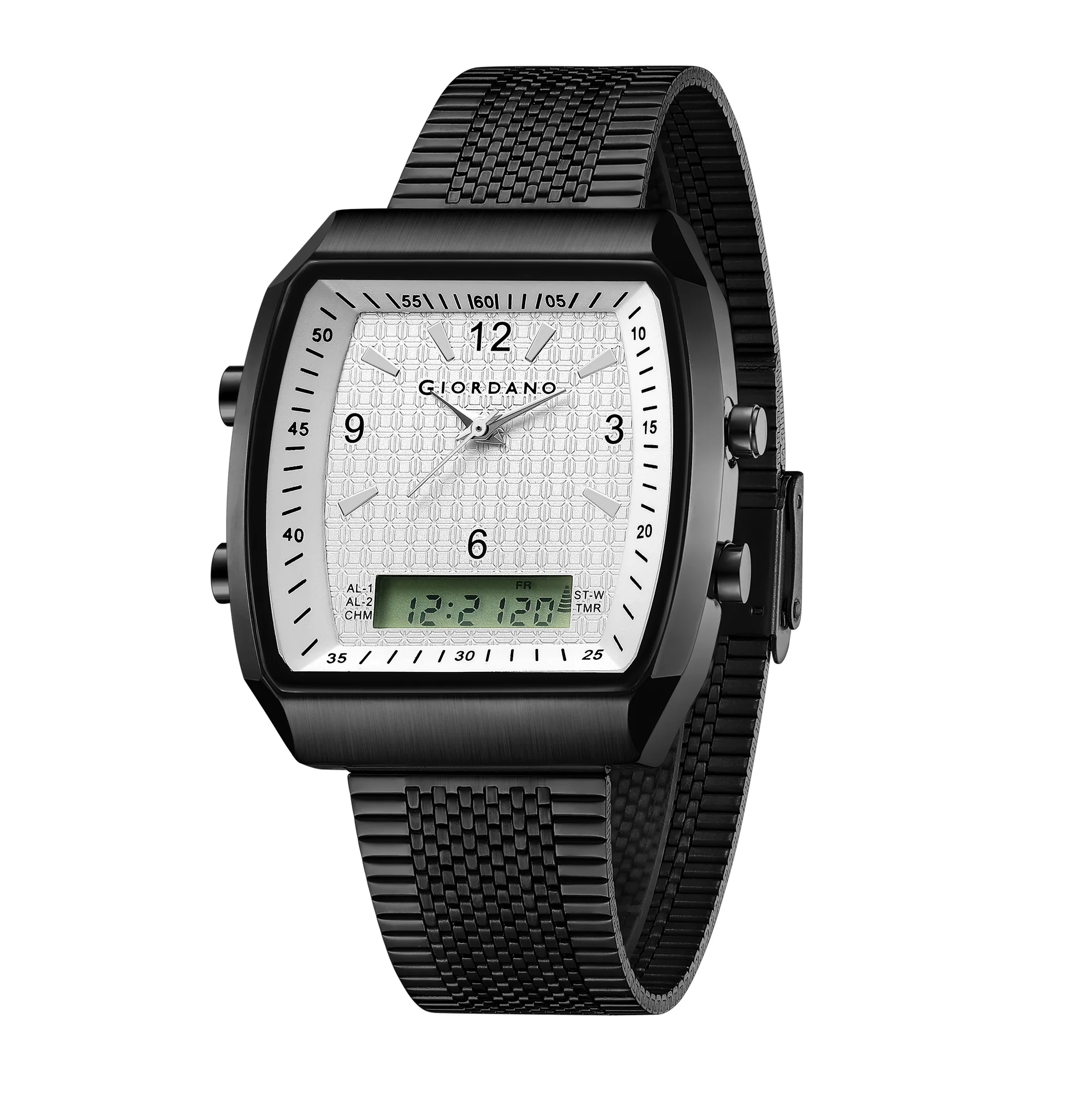Giordano Analog-Digital Square Watch for Men Dual Time Display, Quartz Movement, Day Display, Textured Dial and Black Stainless Steel Strap - GZ-50219-22 - Image 5