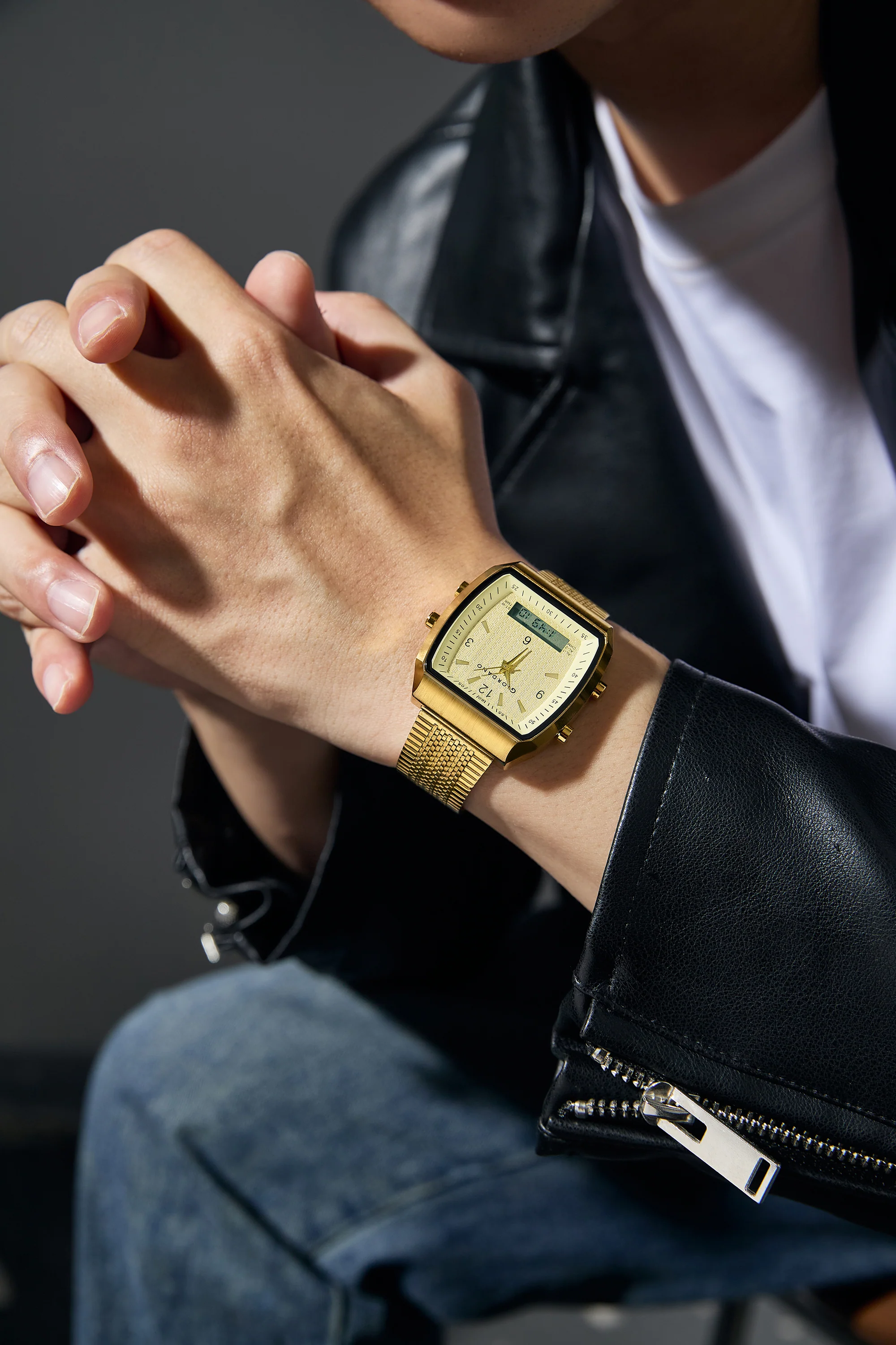 Giordano Analog-Digital Square Watch for Men Dual Time Display, Quartz Movement, Day Display, Textured Dial and Gold Stainless Steel Strap - GZ-50219-44 - Image 2