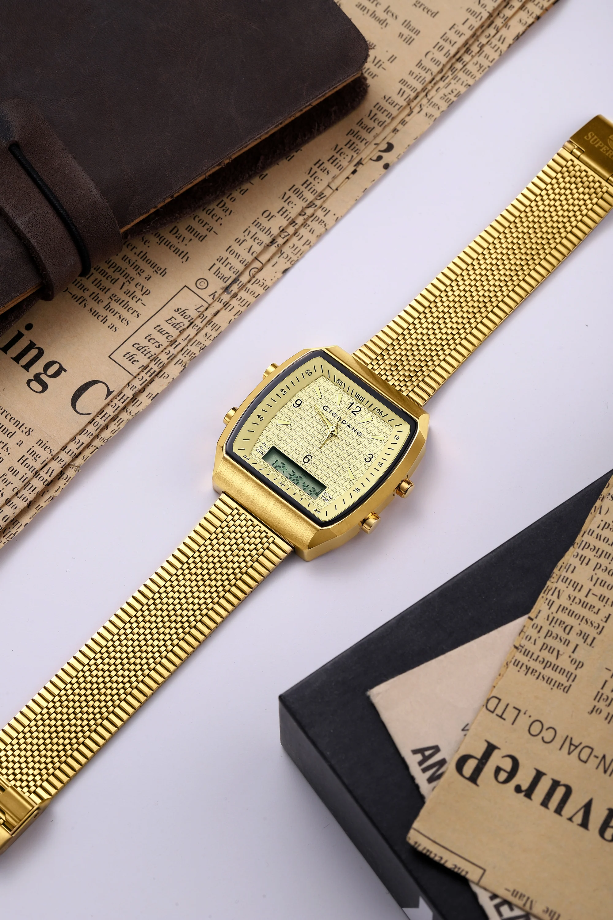 Giordano Analog-Digital Square Watch for Men Dual Time Display, Quartz Movement, Day Display, Textured Dial and Gold Stainless Steel Strap - GZ-50219-44 - Image 3