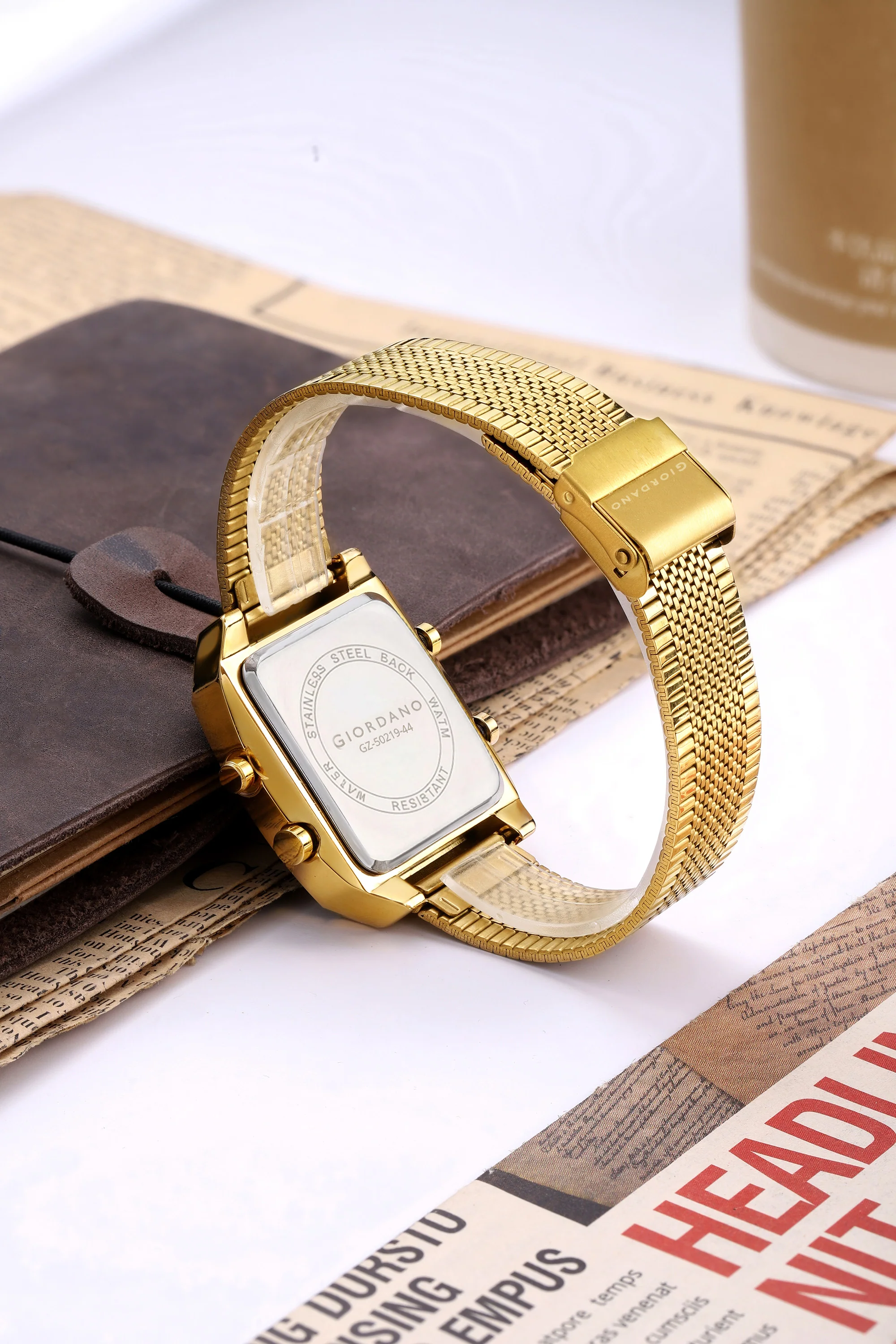 Giordano Analog-Digital Square Watch for Men Dual Time Display, Quartz Movement, Day Display, Textured Dial and Gold Stainless Steel Strap - GZ-50219-44 - Image 4