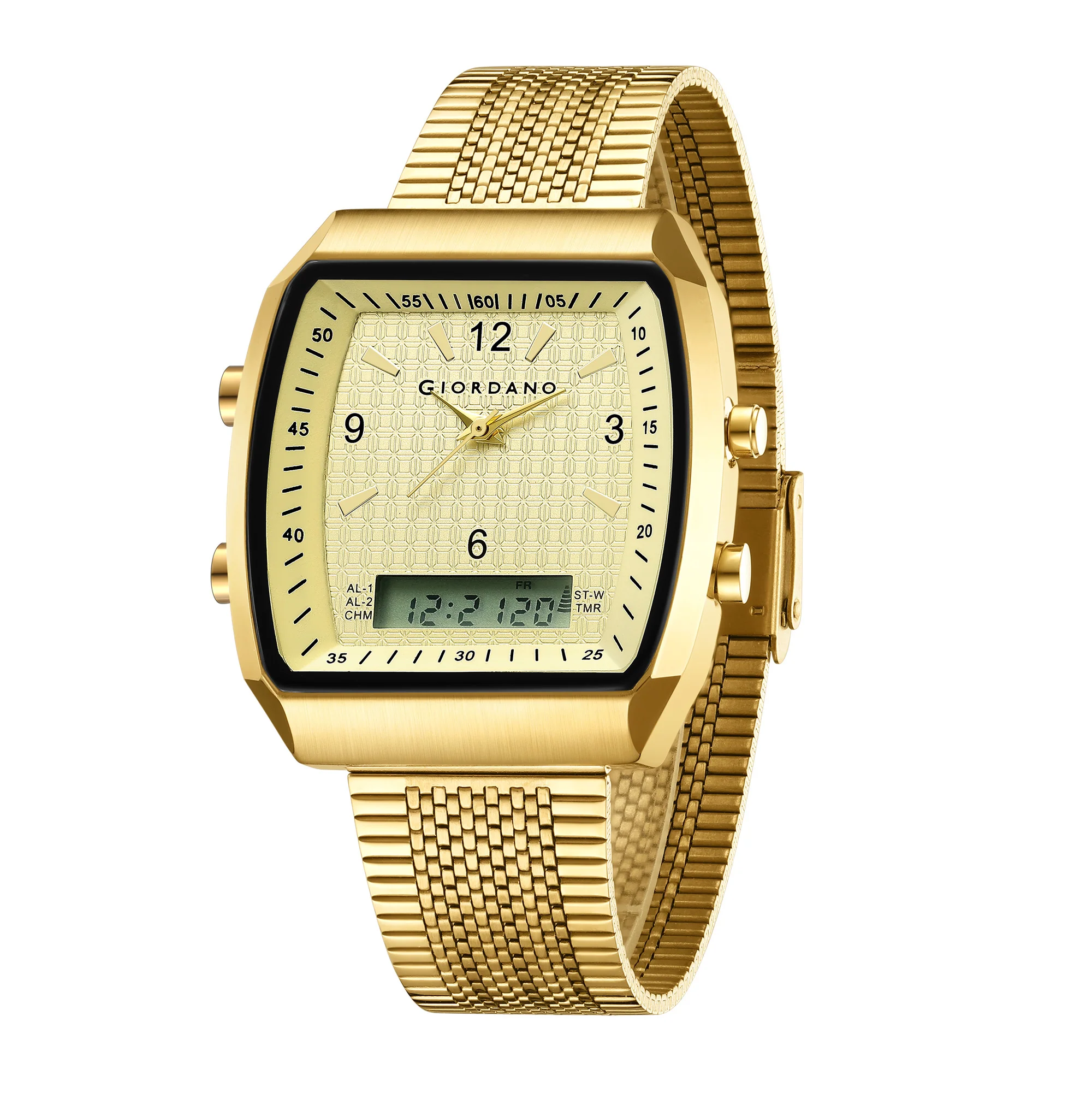 Giordano Analog-Digital Square Watch for Men Dual Time Display, Quartz Movement, Day Display, Textured Dial and Gold Stainless Steel Strap - GZ-50219-44 - Image 5