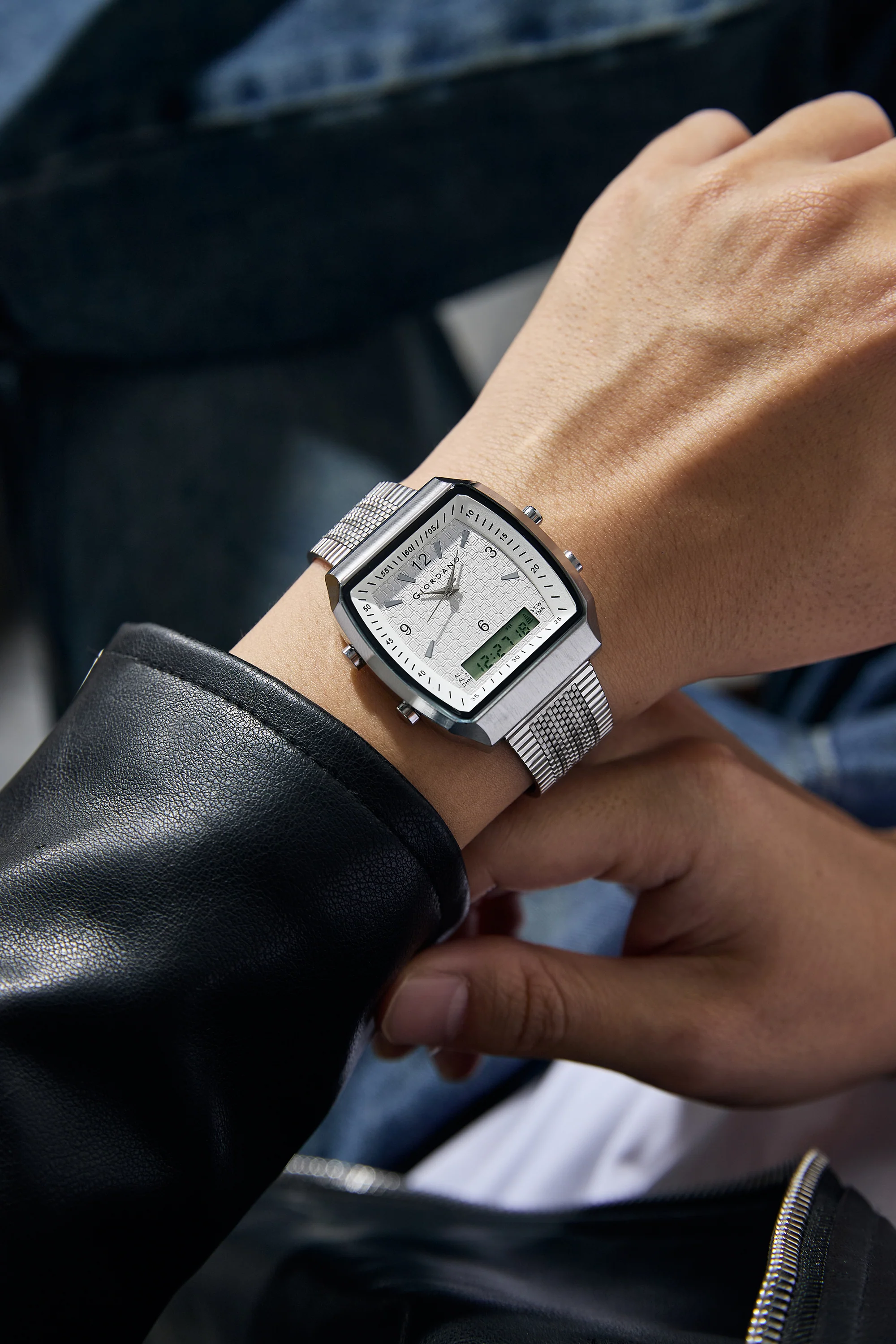 Giordano Analog-Digital Square Watch for Men Dual Time Display, Quartz Movement, Day Display, Textured Dial and Silver Stainless Steel Strap - GZ-50219-33 - Image 2