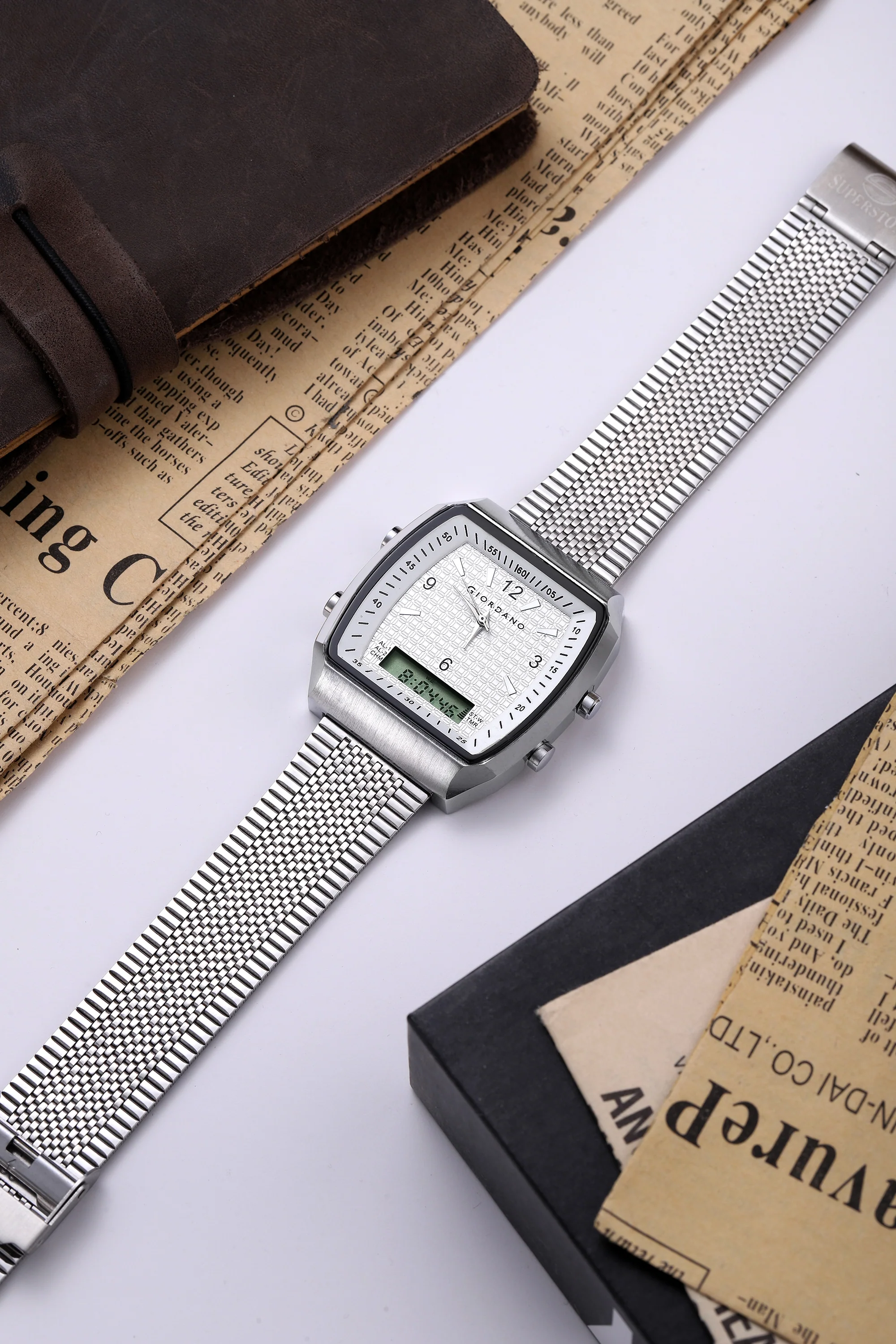 Giordano Analog-Digital Square Watch for Men Dual Time Display, Quartz Movement, Day Display, Textured Dial and Silver Stainless Steel Strap - GZ-50219-33 - Image 3