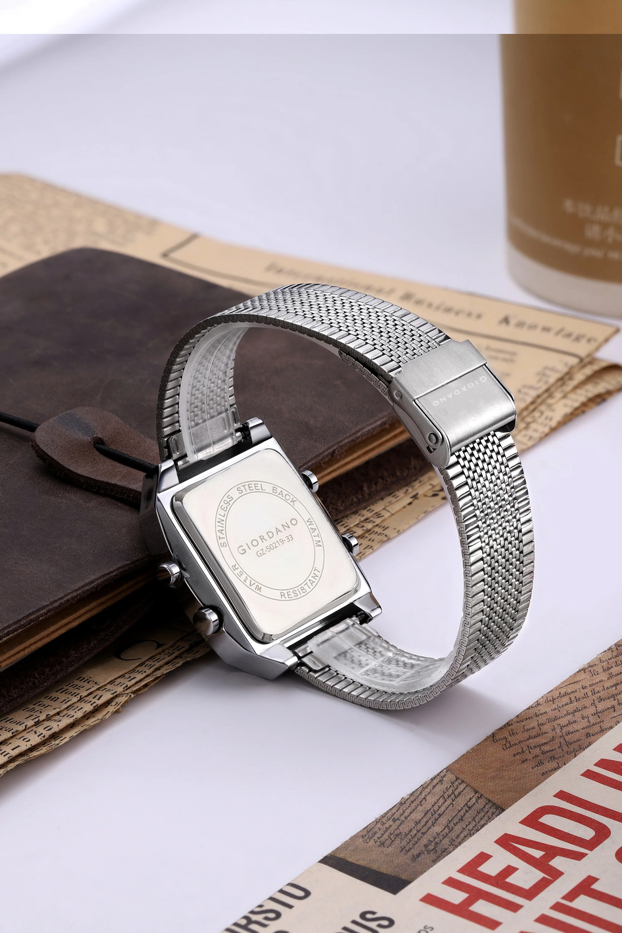 Giordano Analog-Digital Square Watch for Men Dual Time Display, Quartz Movement, Day Display, Textured Dial and Silver Stainless Steel Strap - GZ-50219-33 - Image 4