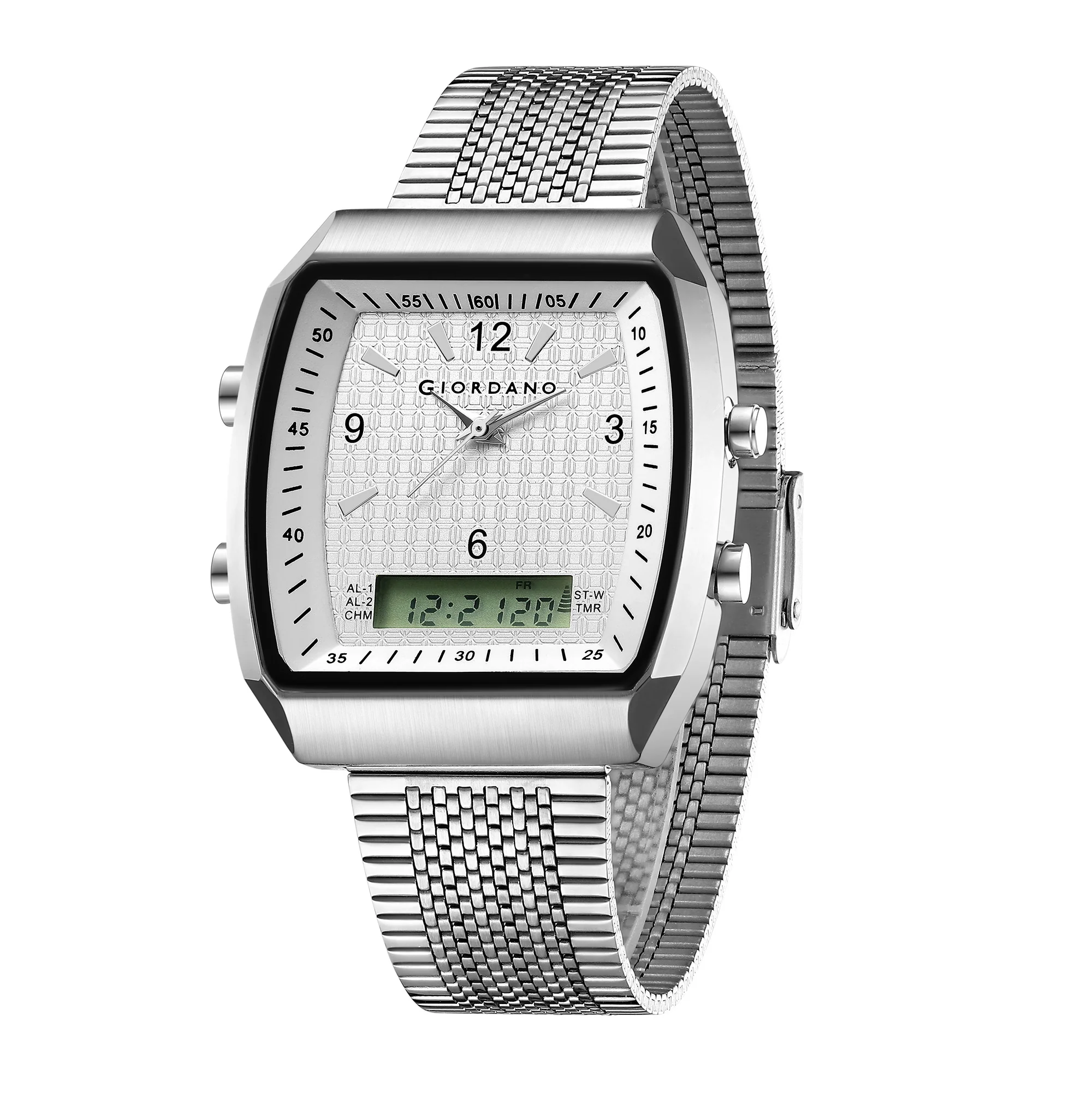 Giordano Analog-Digital Square Watch for Men Dual Time Display, Quartz Movement, Day Display, Textured Dial and Silver Stainless Steel Strap - GZ-50219-33 - Image 5