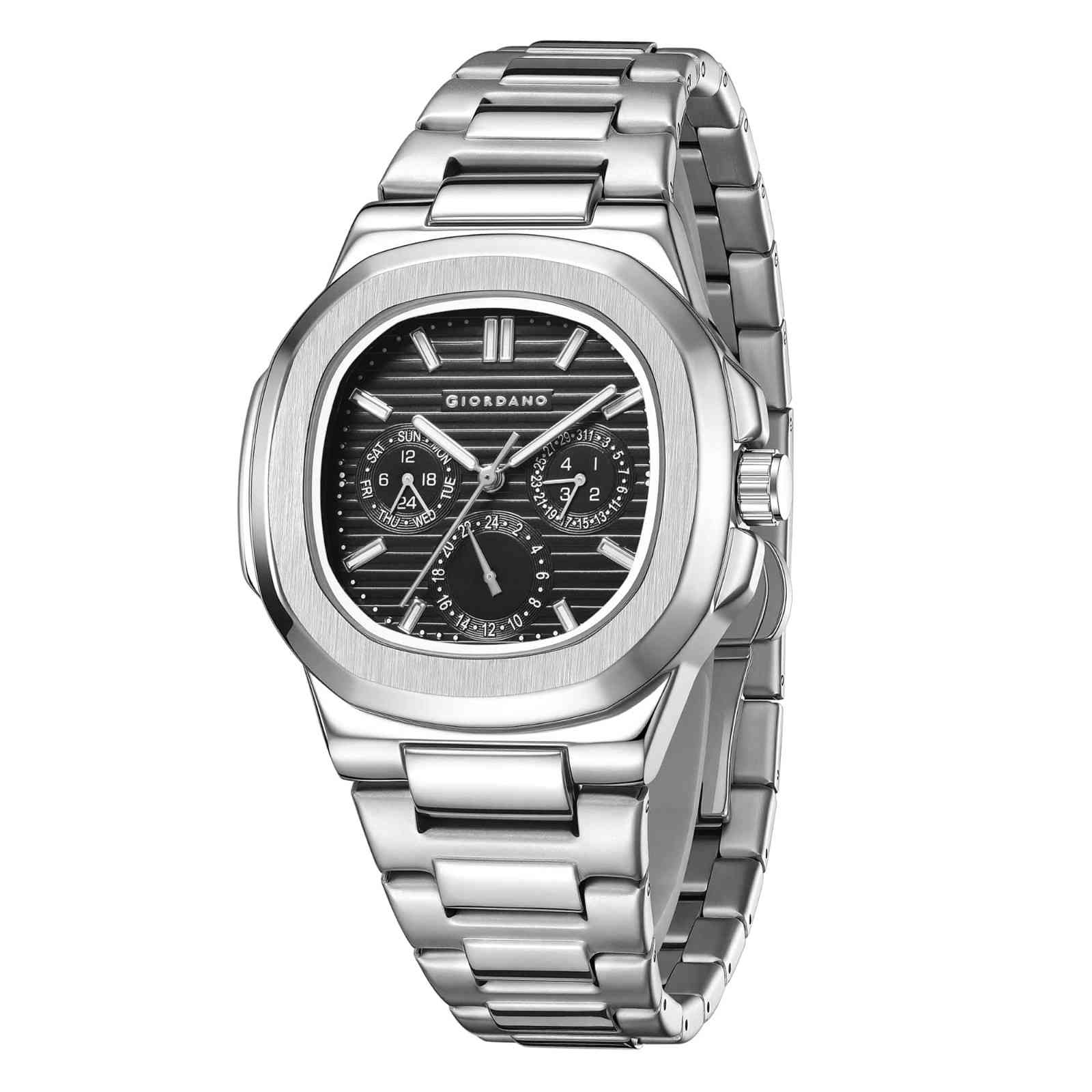 Giordano Analog Multifunction Watch for Men – Textured Dial with Cushion Case, Luminous Index Markers, Stainless Steel Strap, Day & Date Display GZ-50167-11 - Image 5
