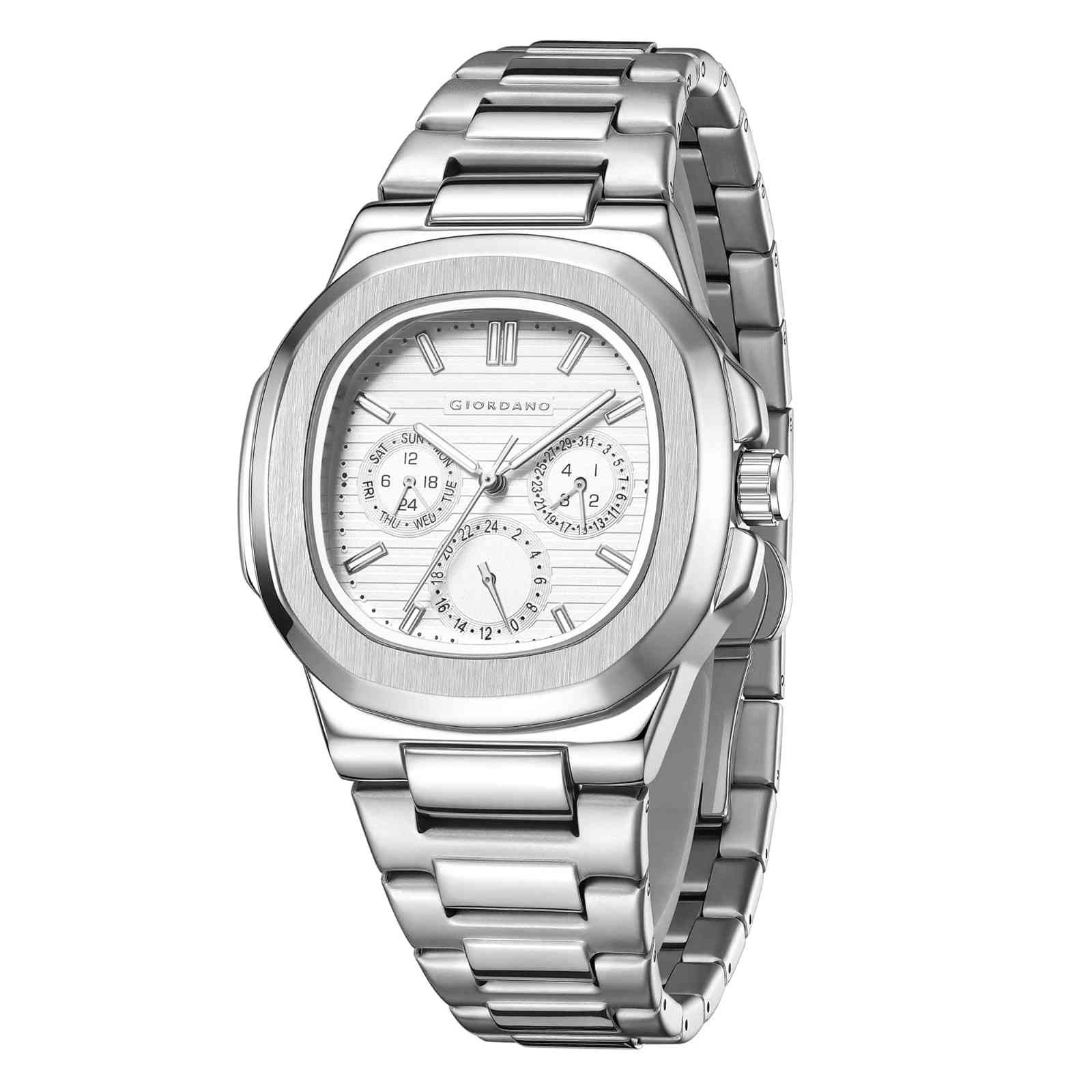 Giordano Analog Multifunction Watch for Men – Textured Dial with Cushion Case, Luminous Index Markers, Stainless Steel Strap, Day & Date Display GZ-50167-22 - Image 5