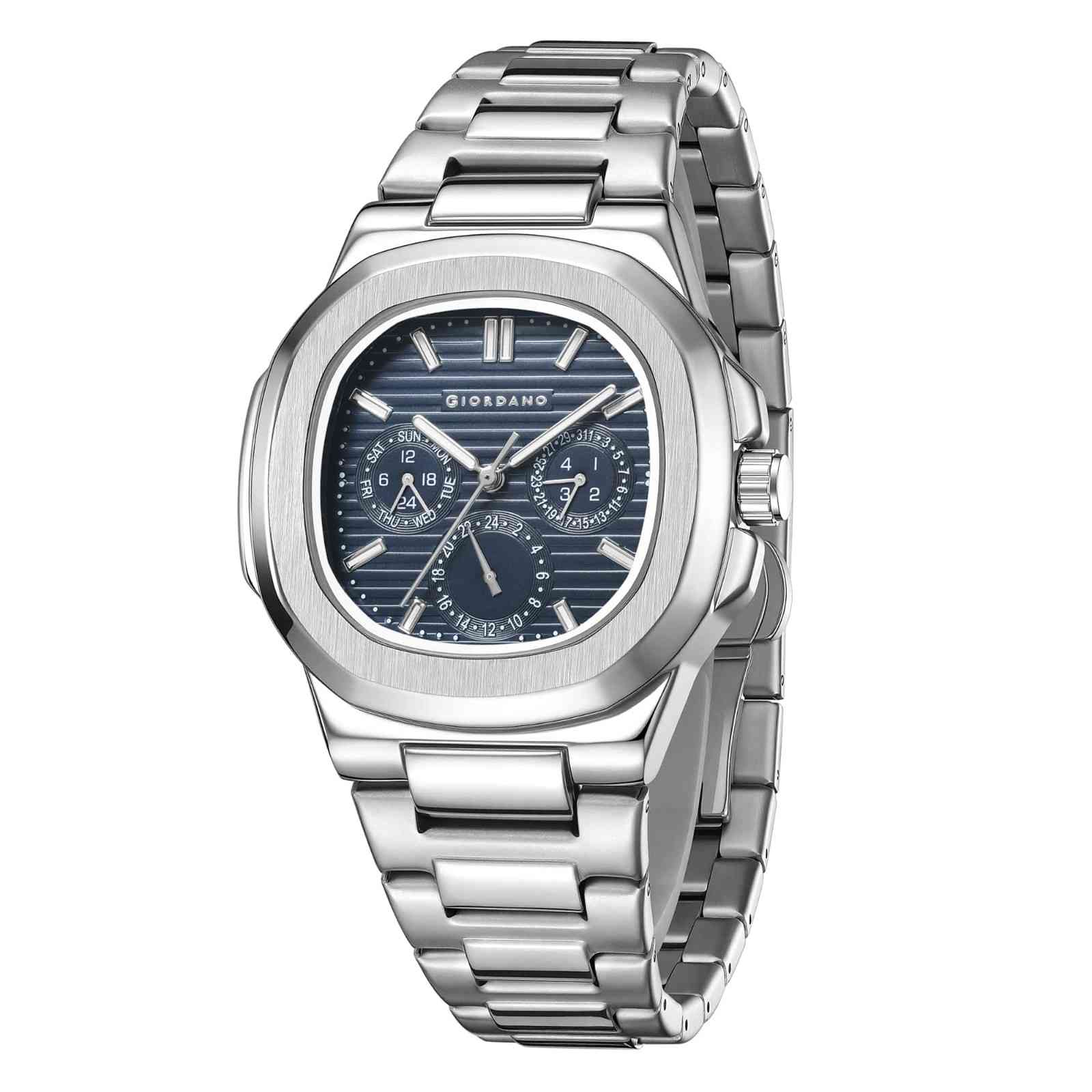 Giordano Analog Multifunction Watch for Men – Textured Dial with Cushion Case, Luminous Index Markers, Stainless Steel Strap, Day & Date Display GZ-50167-33 - Image 5