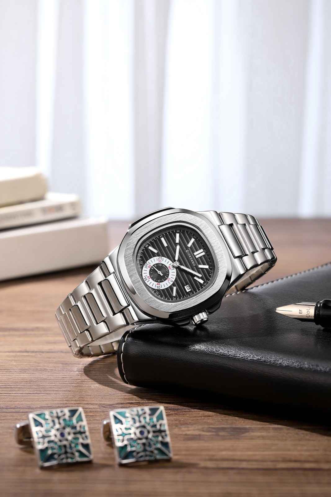 Giordano Analog Multifunction Watch for Men – Textured Dial with Cushion Case, Small Seconds Sub-Dial, Stainless Steel Strap & Date Display GZ-50160-11 - Image 3
