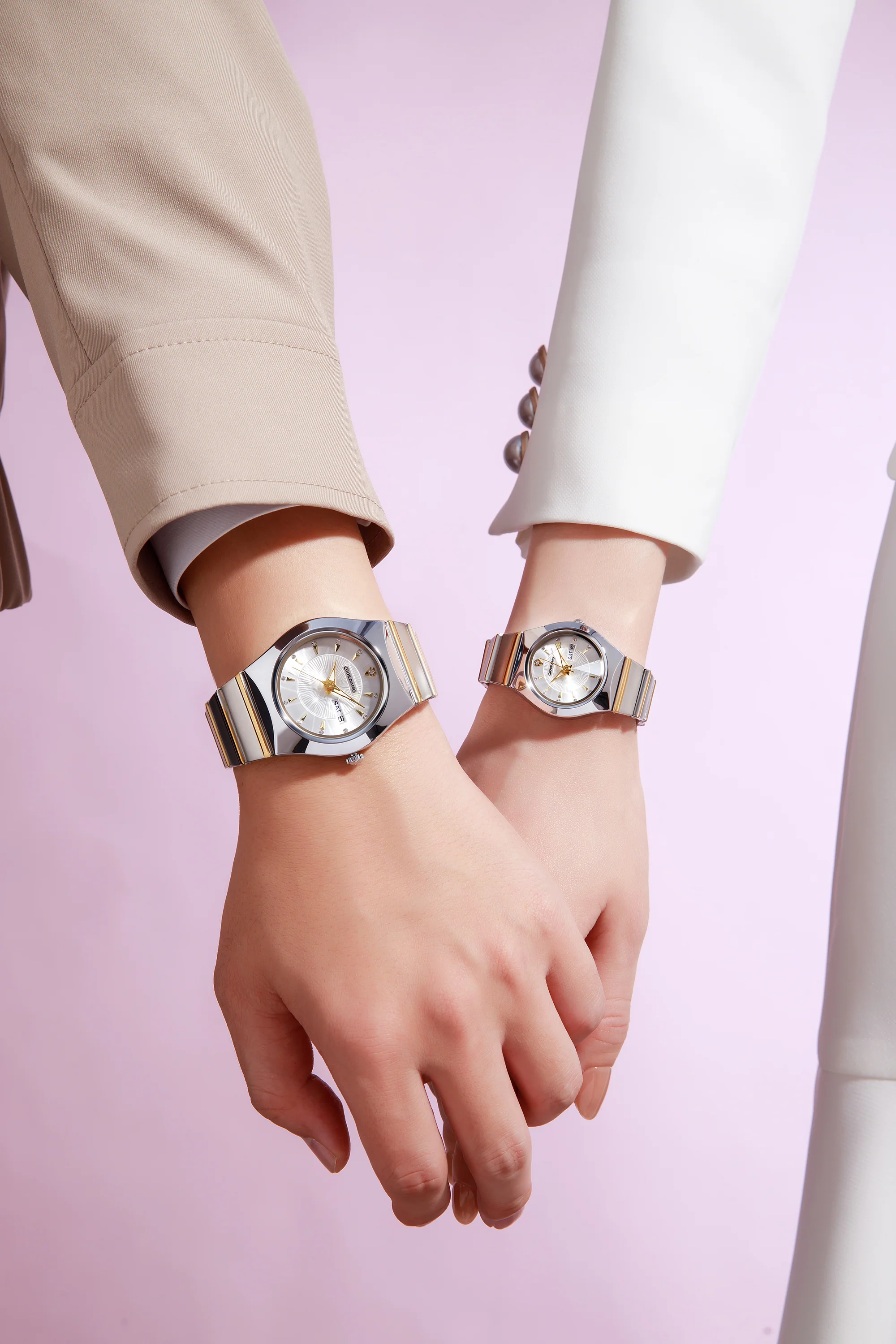 Giordano Analog Pair Watch For Unisex With Round Dial, Crystal Indices , Date Display And Stainless Steel Strap GZ-990-SET-22 - Image 2
