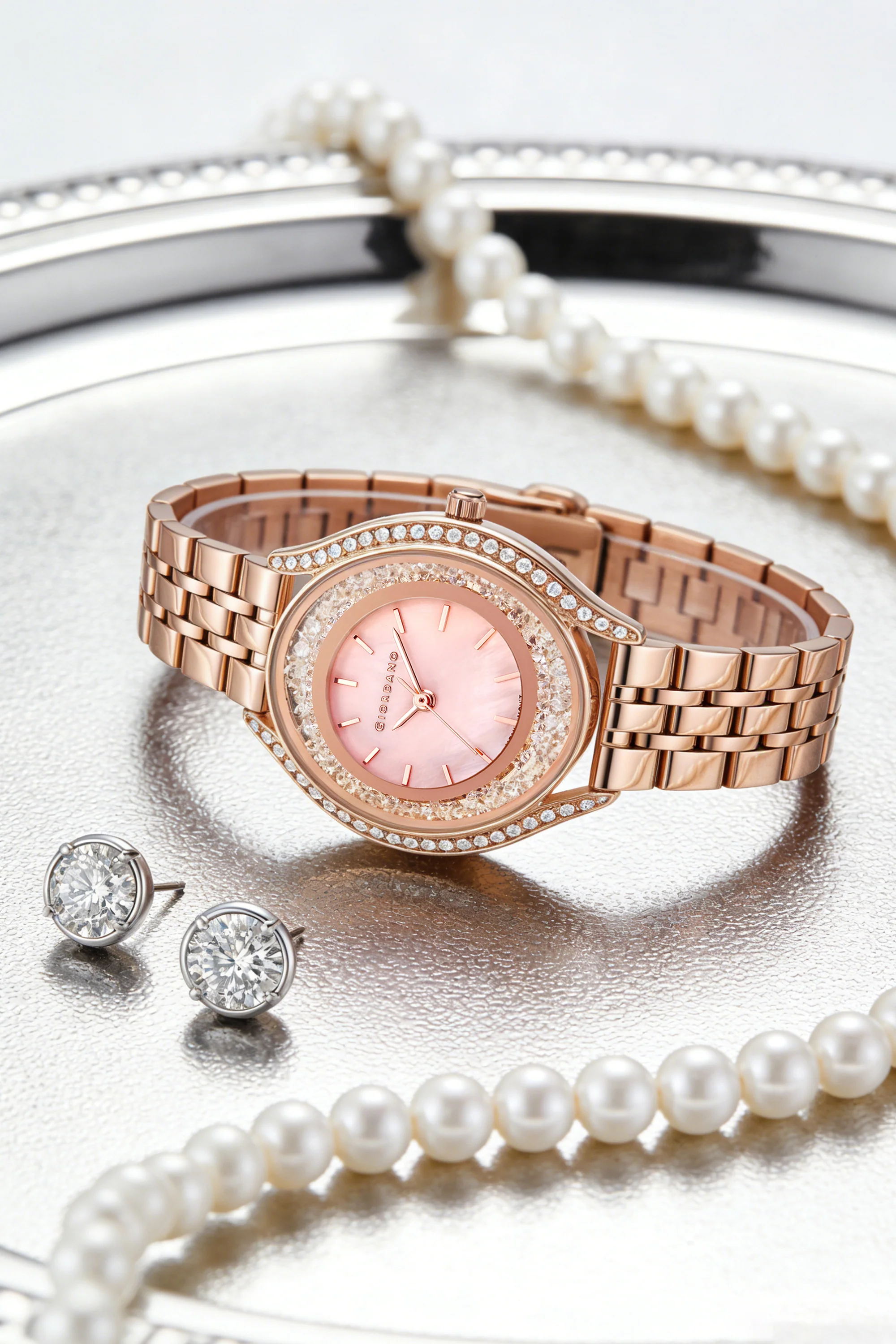 Giordano Analog Quartz Watch & Bangle Set for Women with Round Dial, Crystal-Studded Case, Stainless Steel Strap and Water Resistance - GZ-60146-22 - Image 4