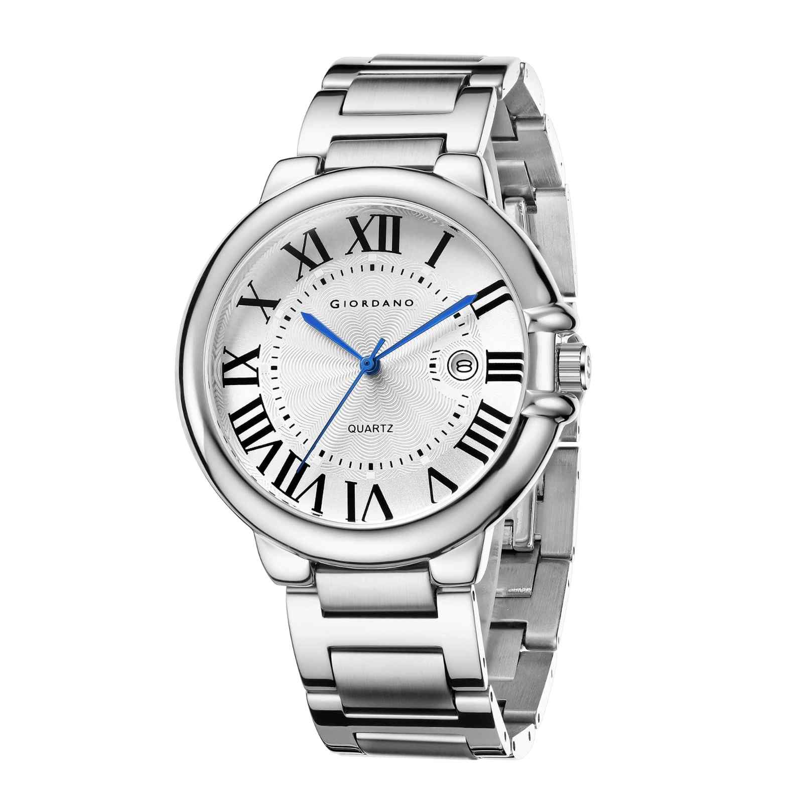 Giordano Analog Quartz Watch for Men – Stainless Steel Strap, Textured Dial with Roman Numerals, Blue Hands, Date Display - GZ-50187-11 - Image 5
