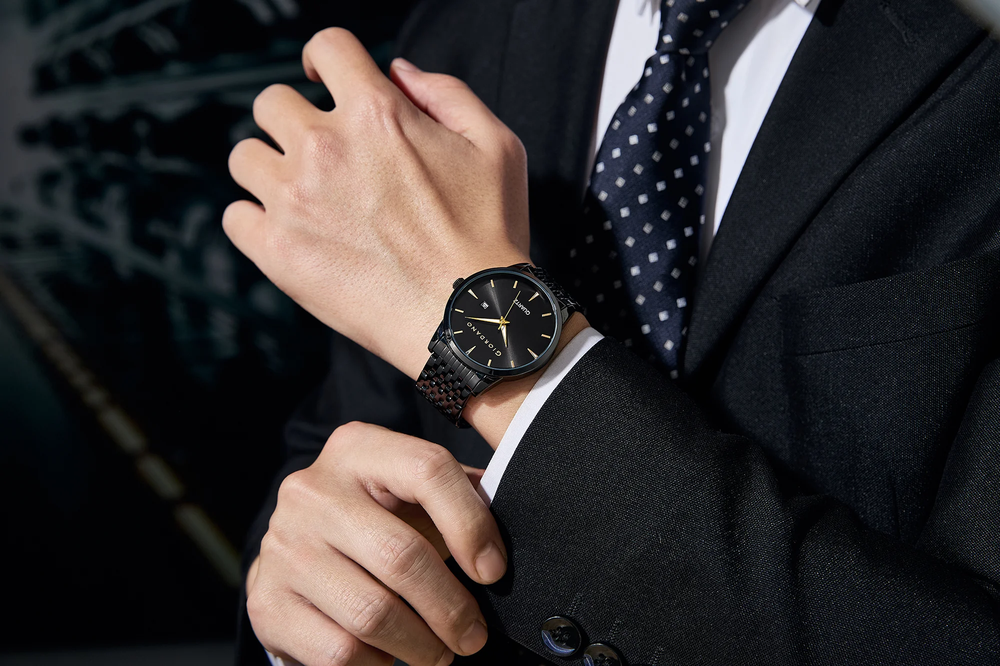 Giordano Analog Quartz Watch for Men with Black Sunray Dial, Gold-Tone Hands & Hour Markers, Date Display, Black Stainless Steel Strap and 3 ATM Water Resistant - GZ-50169-11 - Image 2