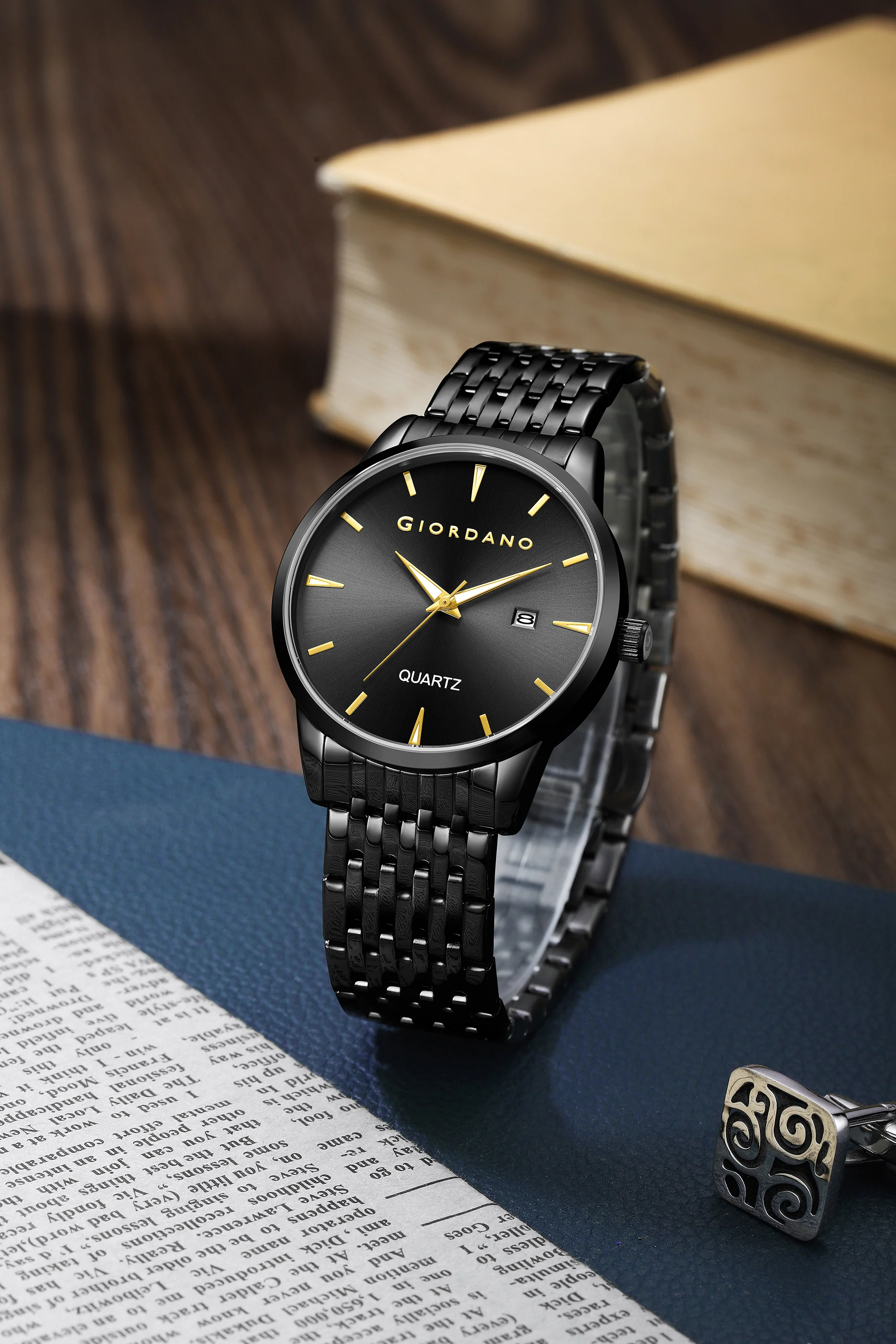 Giordano Analog Quartz Watch for Men with Black Sunray Dial, Gold-Tone Hands & Hour Markers, Date Display, Black Stainless Steel Strap and 3 ATM Water Resistant - GZ-50169-11 - Image 3