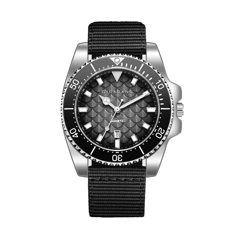 Giordano Analog Quartz Watch for Men with Black Textured Fish Scale Dial, Luminous Hands & Markers, Date Window, Nylon NATO Strap, Rotating Bezel GZ-50195-11 - Image 6
