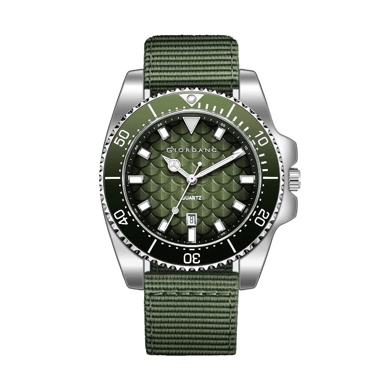 Giordano Analog Quartz Watch for Men with Black Textured Fish Scale Dial, Luminous Hands & Markers, Date Window, Nylon NATO Strap, Rotating Bezel GZ-50195-33 - Image 6
