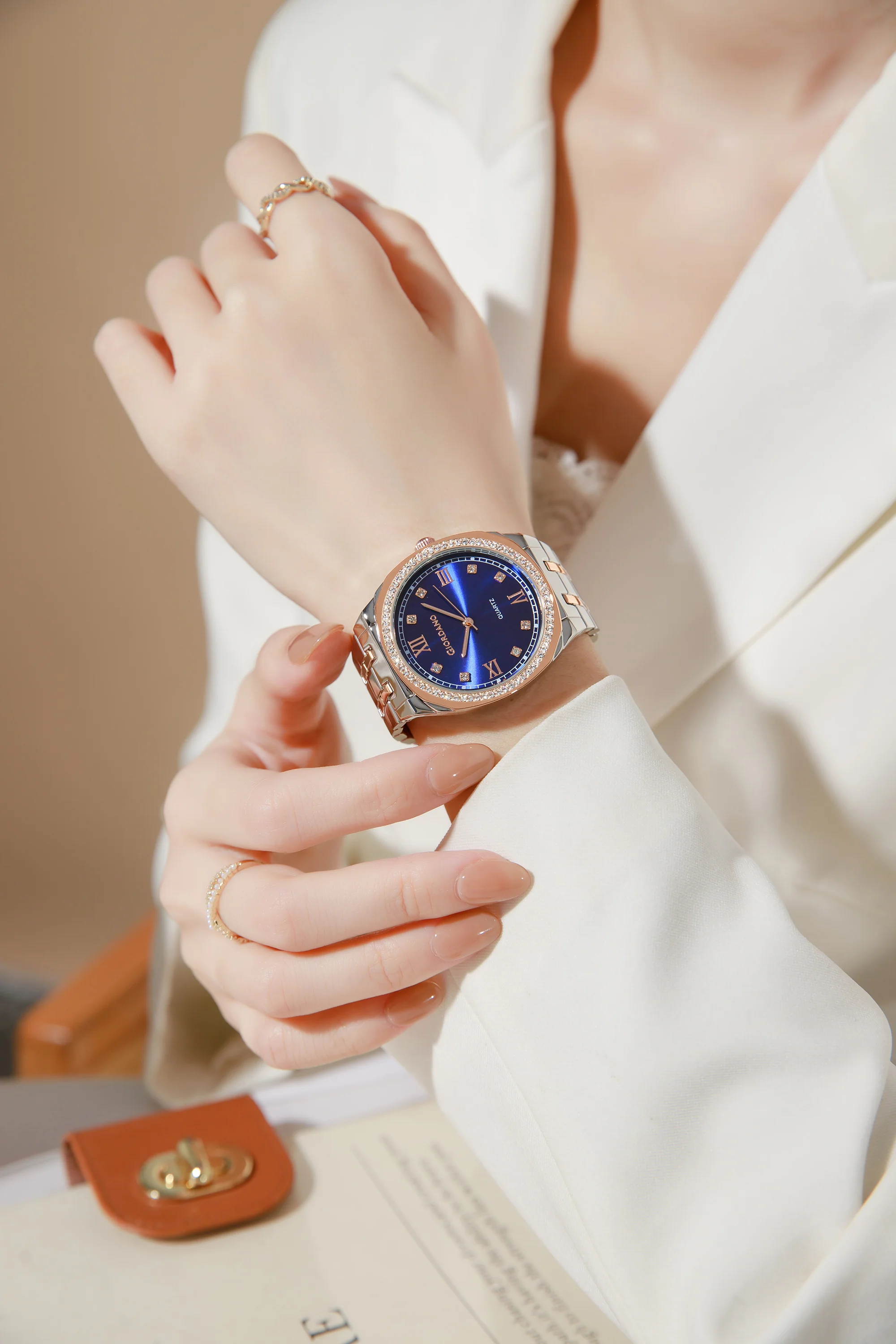 Giordano Analog Quartz Watch for Men with Round Blue Dial, Roman Indices, Blue Crown, Crystal Studded Hour Markers and Bezel, Silver and Rose Gold Stainless Steel Strap - GZ-50216-44 - Image 2