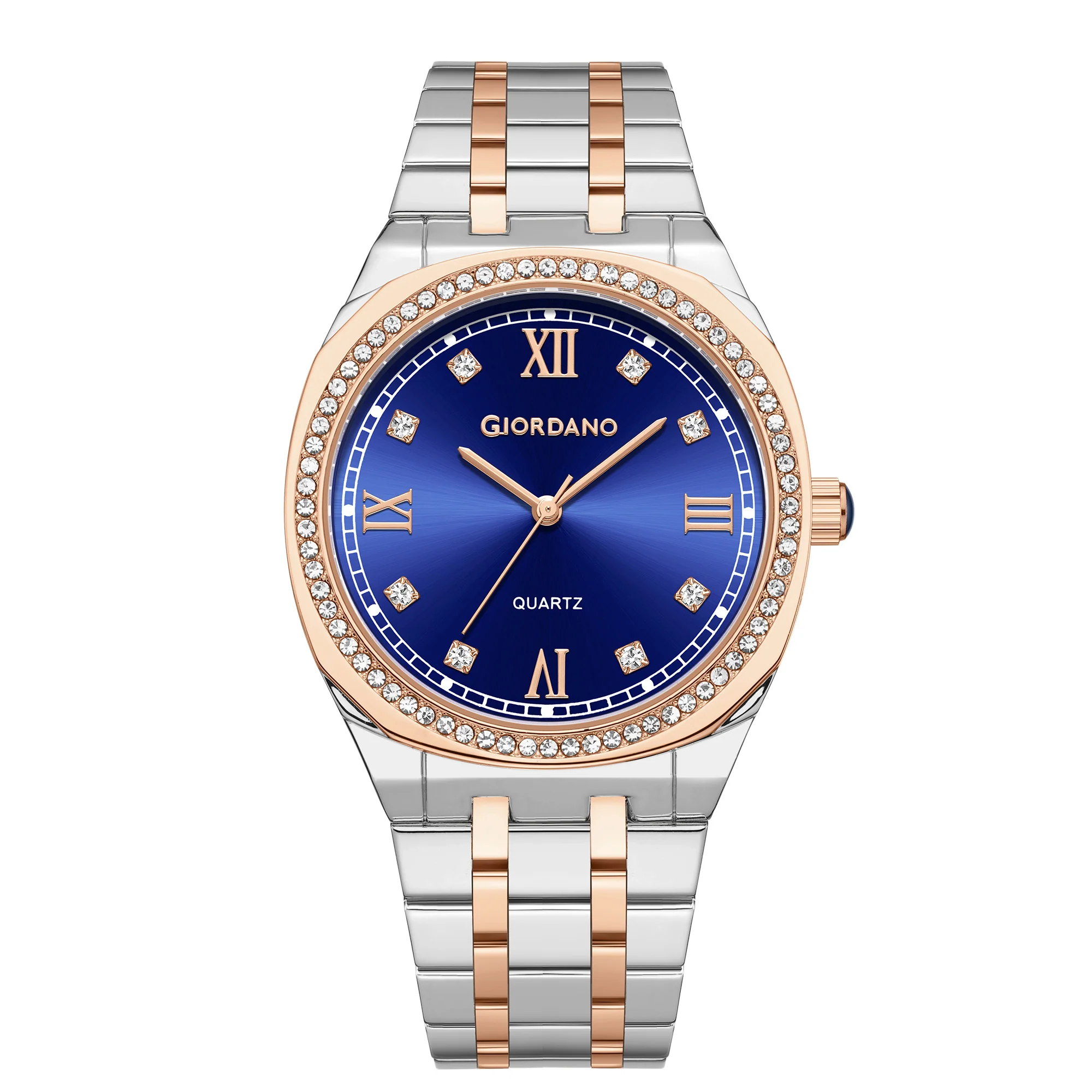Giordano Analog Quartz Watch for Men with Round Blue Dial, Roman Indices, Blue Crown, Crystal Studded Hour Markers and Bezel, Silver and Rose Gold Stainless Steel Strap - GZ-50216-44 - Image 5