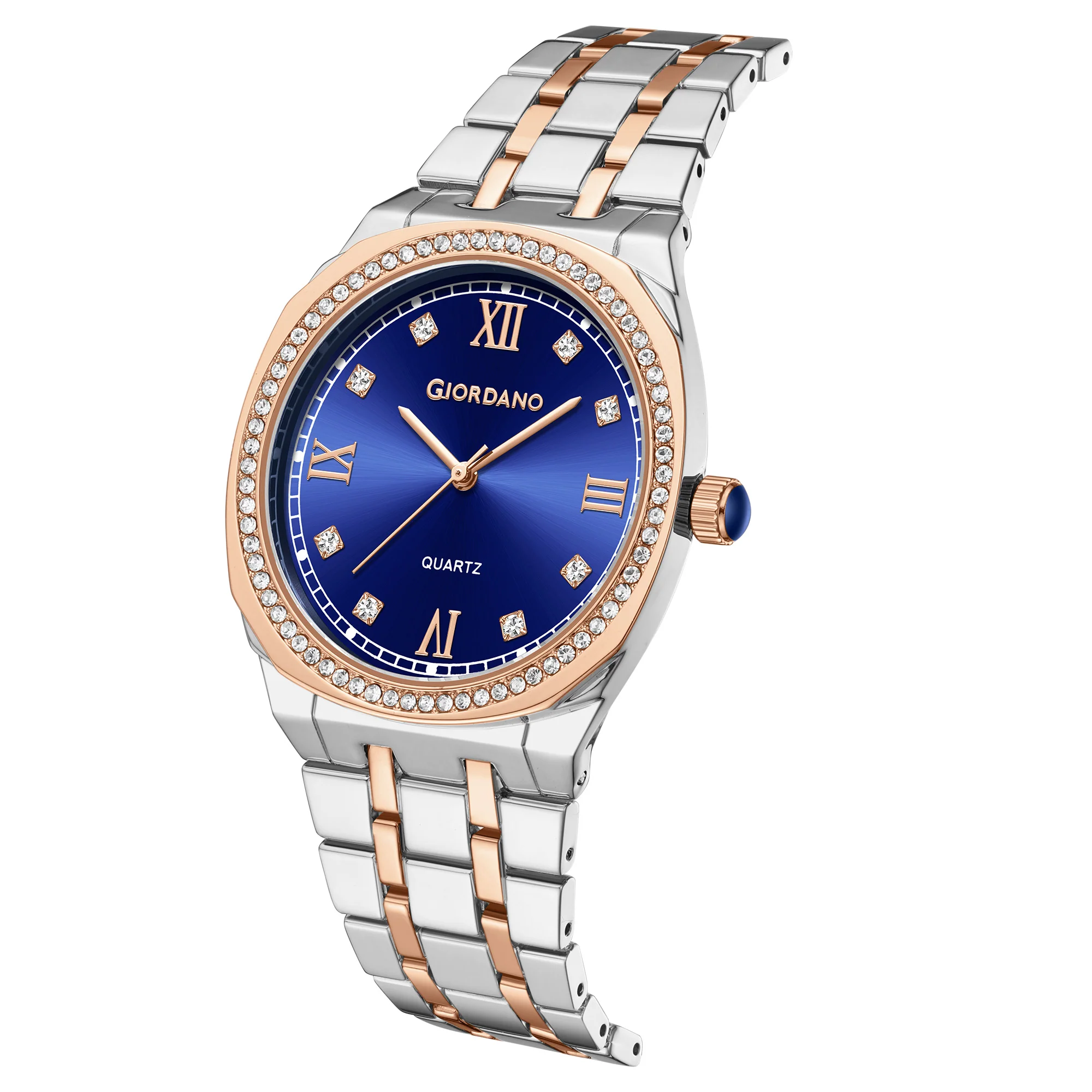Giordano Analog Quartz Watch for Men with Round Blue Dial, Roman Indices, Blue Crown, Crystal Studded Hour Markers and Bezel, Silver and Rose Gold Stainless Steel Strap - GZ-50216-44 - Image 6