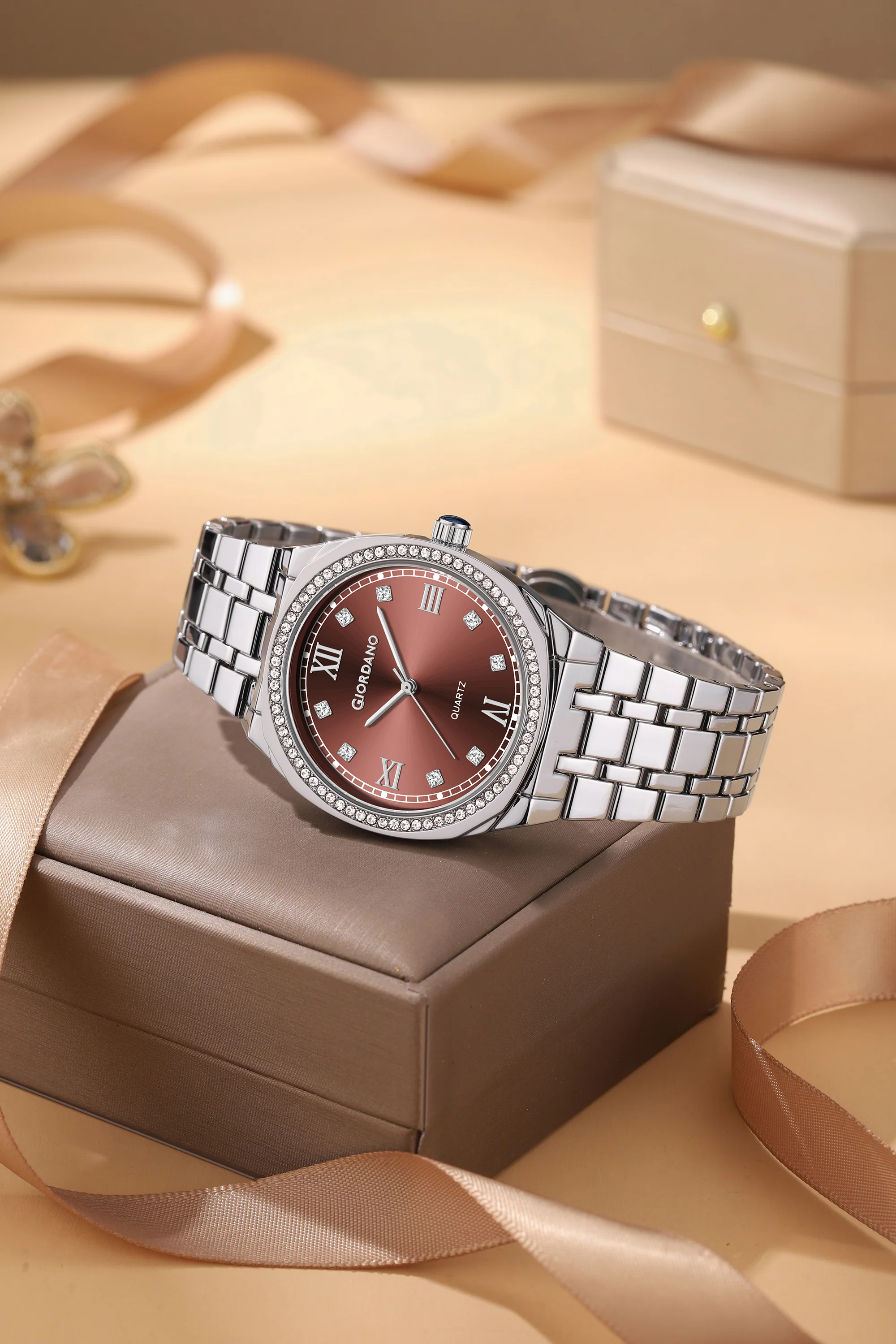 Giordano Analog Quartz Watch for Men with Round Brown Dial, Roman Indices, Blue Crown, Crystal Studded Hour Markers and Bezel, Silver Stainless Steel Strap - GZ-50216-22 - Image 3