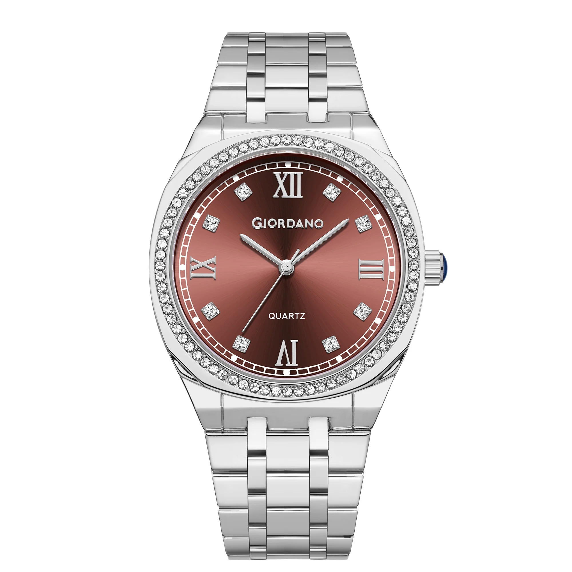 Giordano Analog Quartz Watch for Men with Round Brown Dial, Roman Indices, Blue Crown, Crystal Studded Hour Markers and Bezel, Silver Stainless Steel Strap - GZ-50216-22 - Image 5