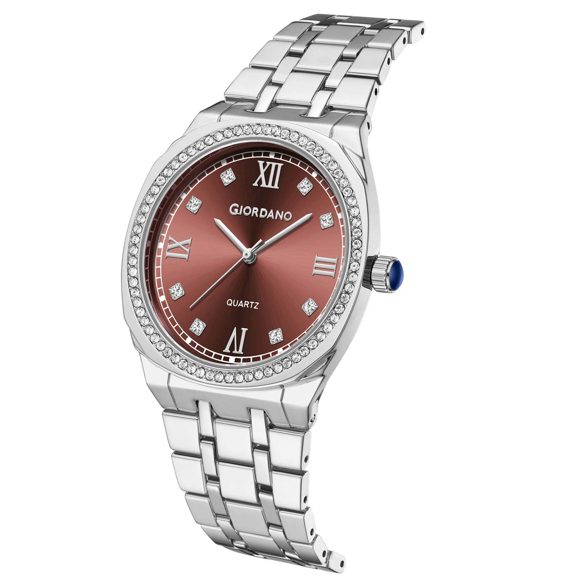 Giordano Analog Quartz Watch for Men with Round Brown Dial, Roman Indices, Blue Crown, Crystal Studded Hour Markers and Bezel, Silver Stainless Steel Strap - GZ-50216-22 - Image 6