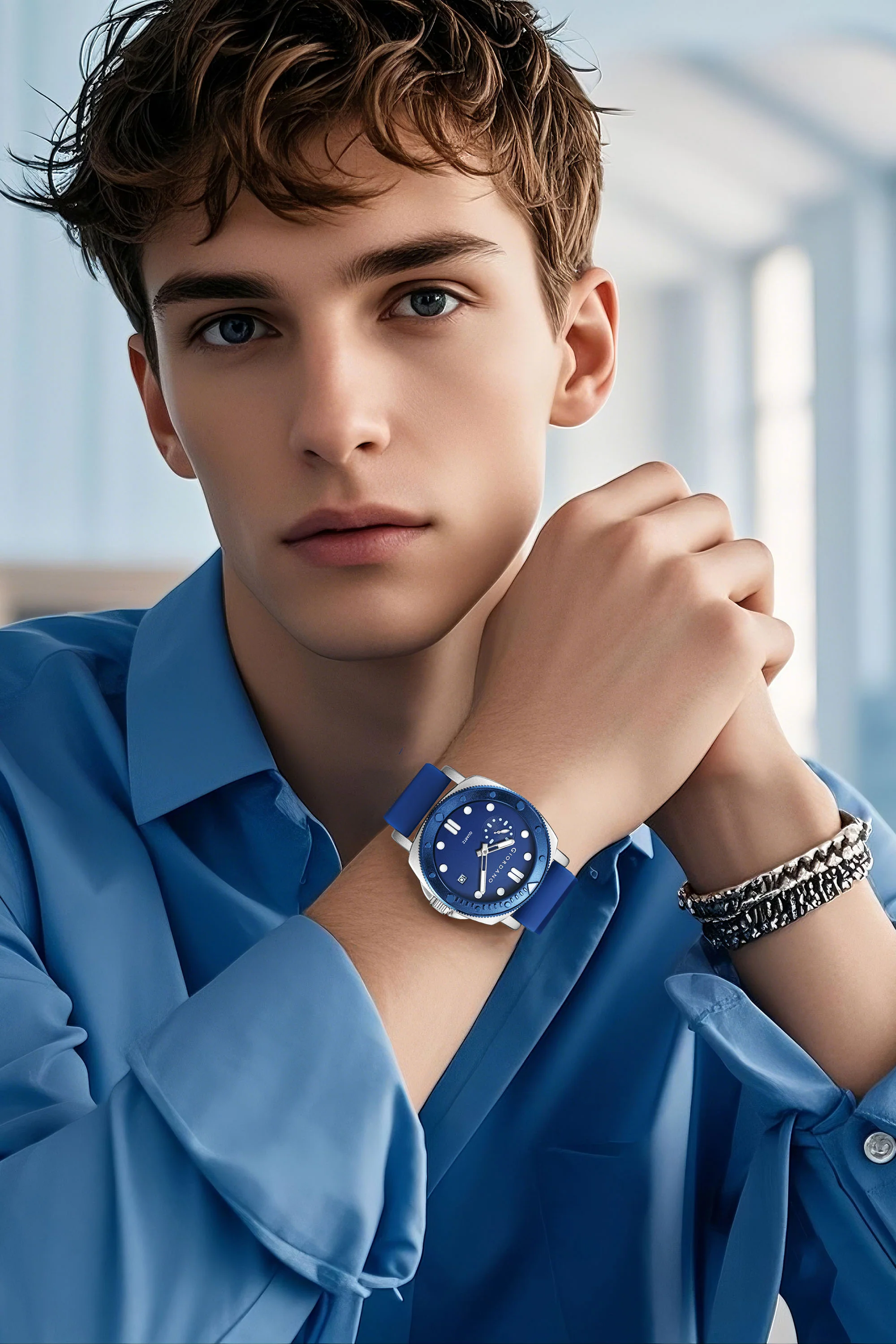 Giordano Analog Quartz Watch for Men with Round Dial, Luminous Hours Markers, Date Display, Small Seconds Sub-Dial and Wavy Pattern Silicone Strap - GZ-50214-02 - Image 2