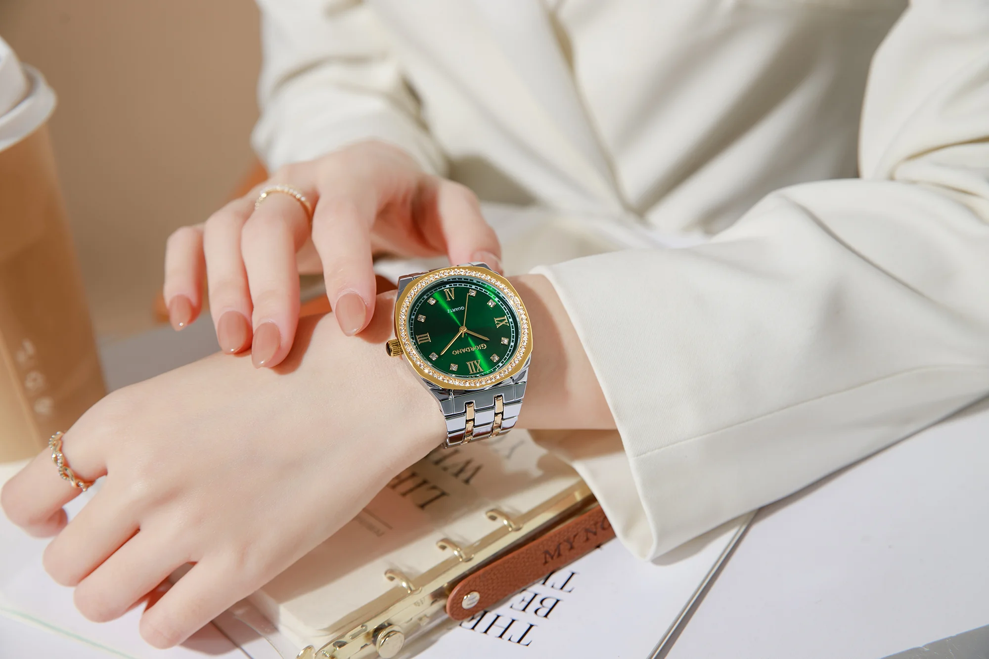 Giordano Analog Quartz Watch for Men with Round Green Dial, Roman Indices, Blue Crown, Crystal Studded Hour Markers and Bezel, Silver and Gold Stainless Steel Strap - GZ-50216-33 - Image 2