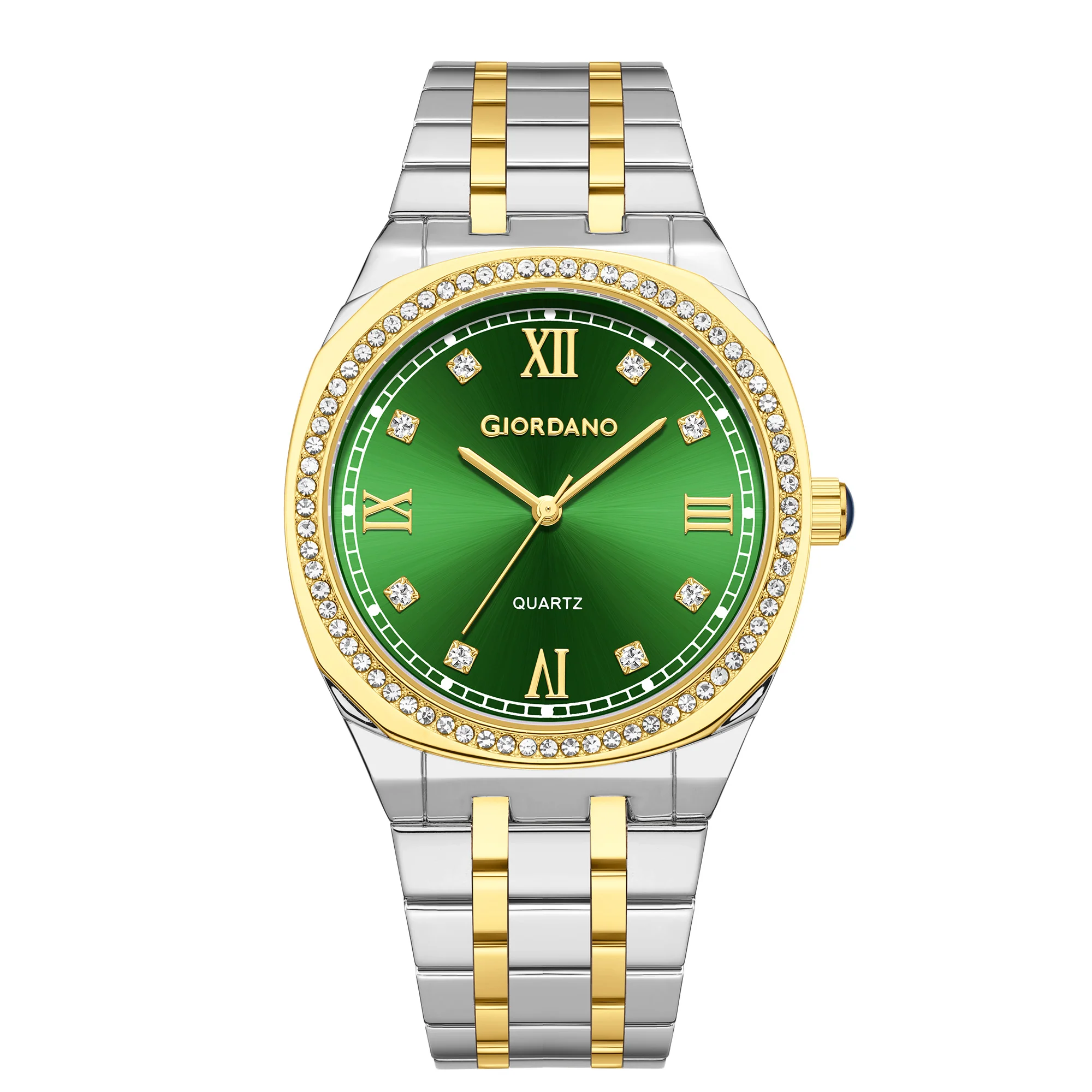 Giordano Analog Quartz Watch for Men with Round Green Dial, Roman Indices, Blue Crown, Crystal Studded Hour Markers and Bezel, Silver and Gold Stainless Steel Strap - GZ-50216-33 - Image 5