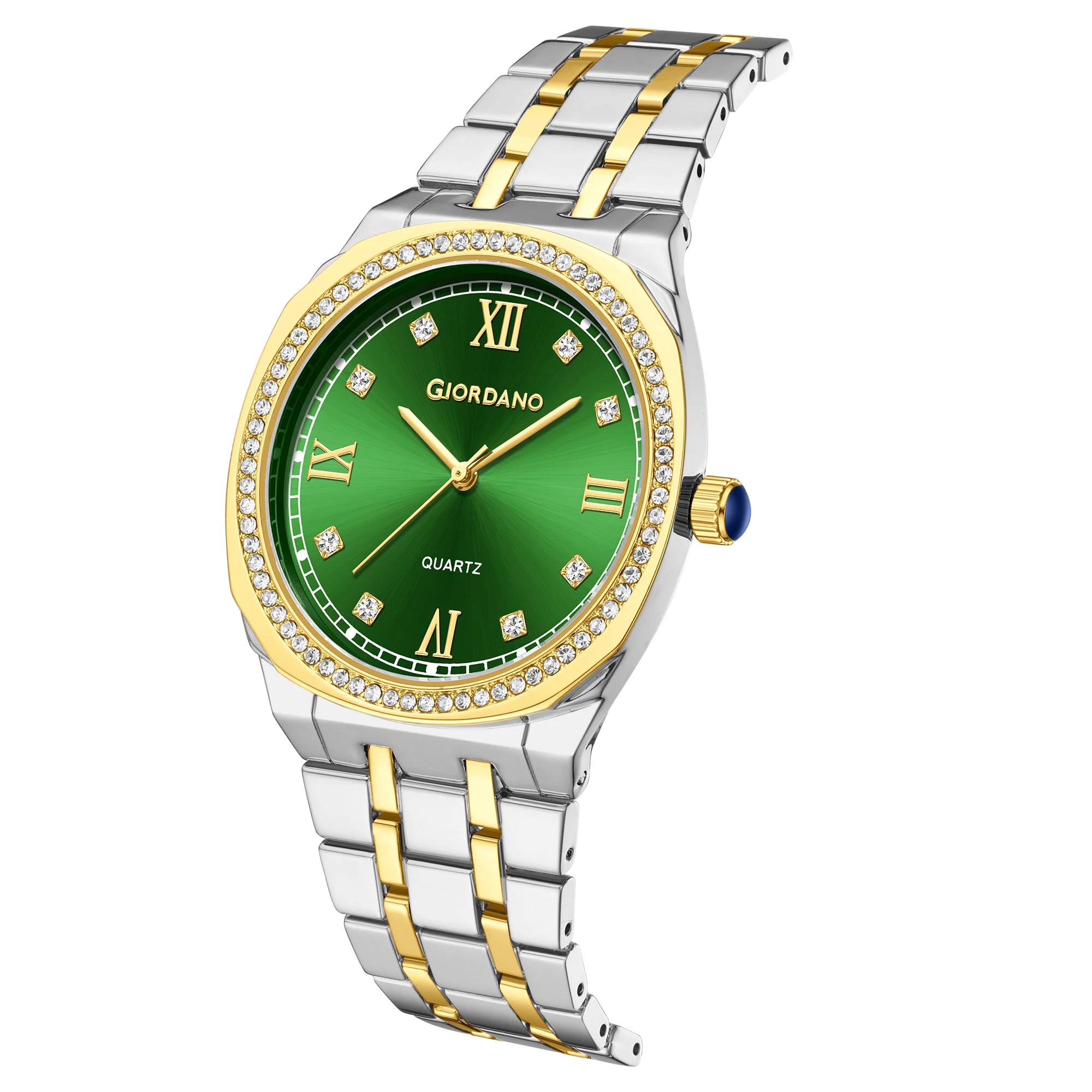 Giordano Analog Quartz Watch for Men with Round Green Dial, Roman Indices, Blue Crown, Crystal Studded Hour Markers and Bezel, Silver and Gold Stainless Steel Strap - GZ-50216-33 - Image 6