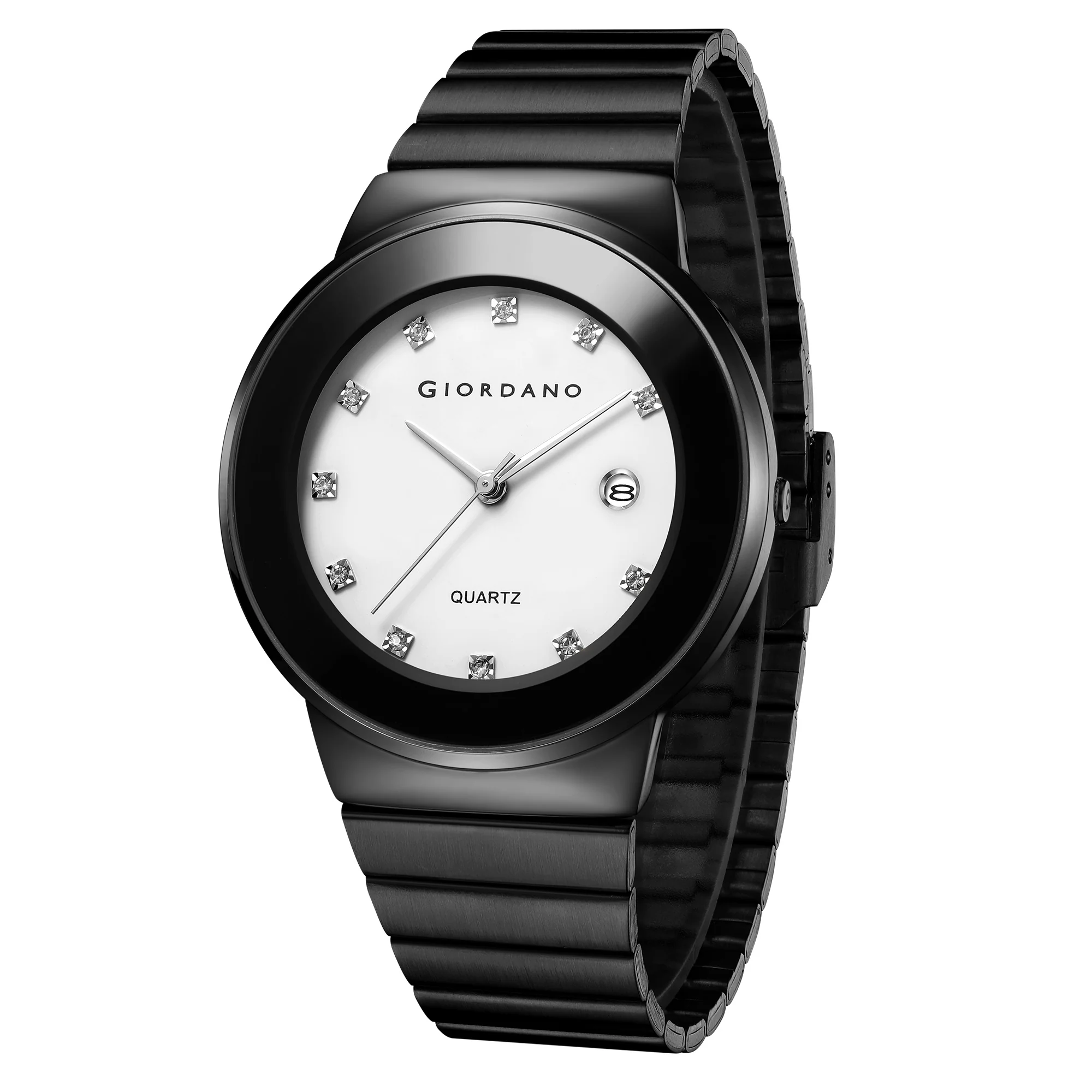 Giordano Analog Quartz Watch for Men with Round White Dial, Crystal Hour Markers, Date Display, Metal Case, Black Stainless Steel Strap and Water Resistant - GZ-50206-22 - Image 5