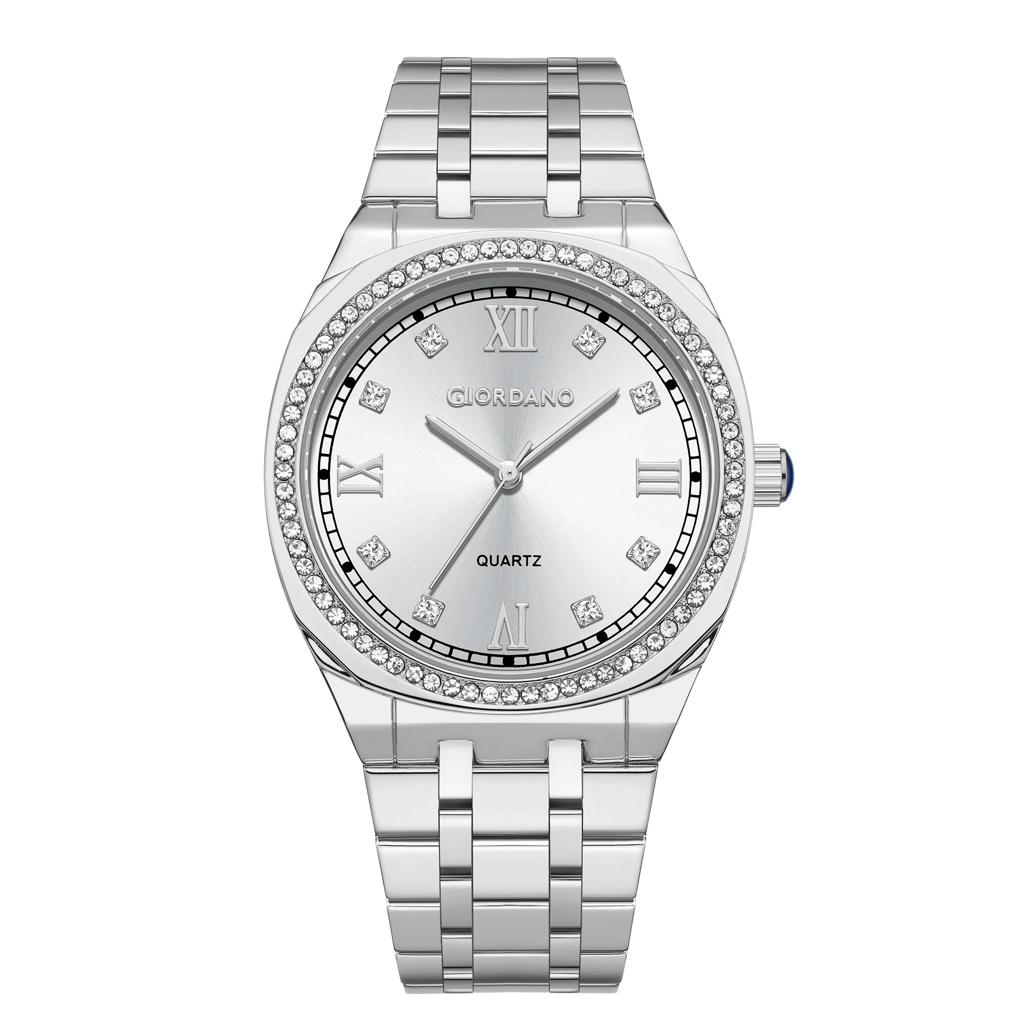 Giordano Analog Quartz Watch for Men with Round White Dial, Roman Indices, Blue Crown, Crystal Studded Hour Markers and Bezel, Silver Stainless Steel Strap - GZ-50216-11 - Image 4