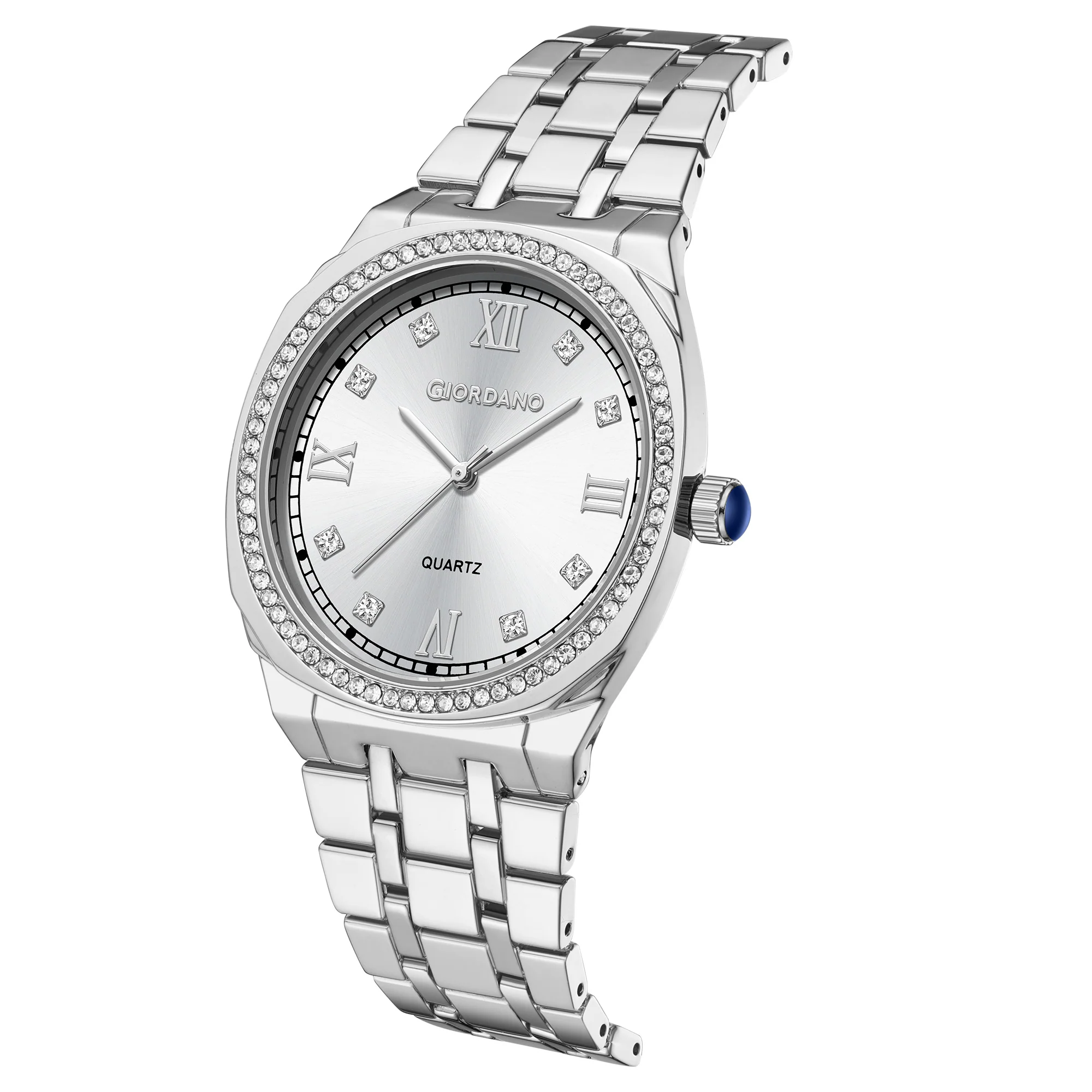 Giordano Analog Quartz Watch for Men with Round White Dial, Roman Indices, Blue Crown, Crystal Studded Hour Markers and Bezel, Silver Stainless Steel Strap - GZ-50216-11 - Image 5