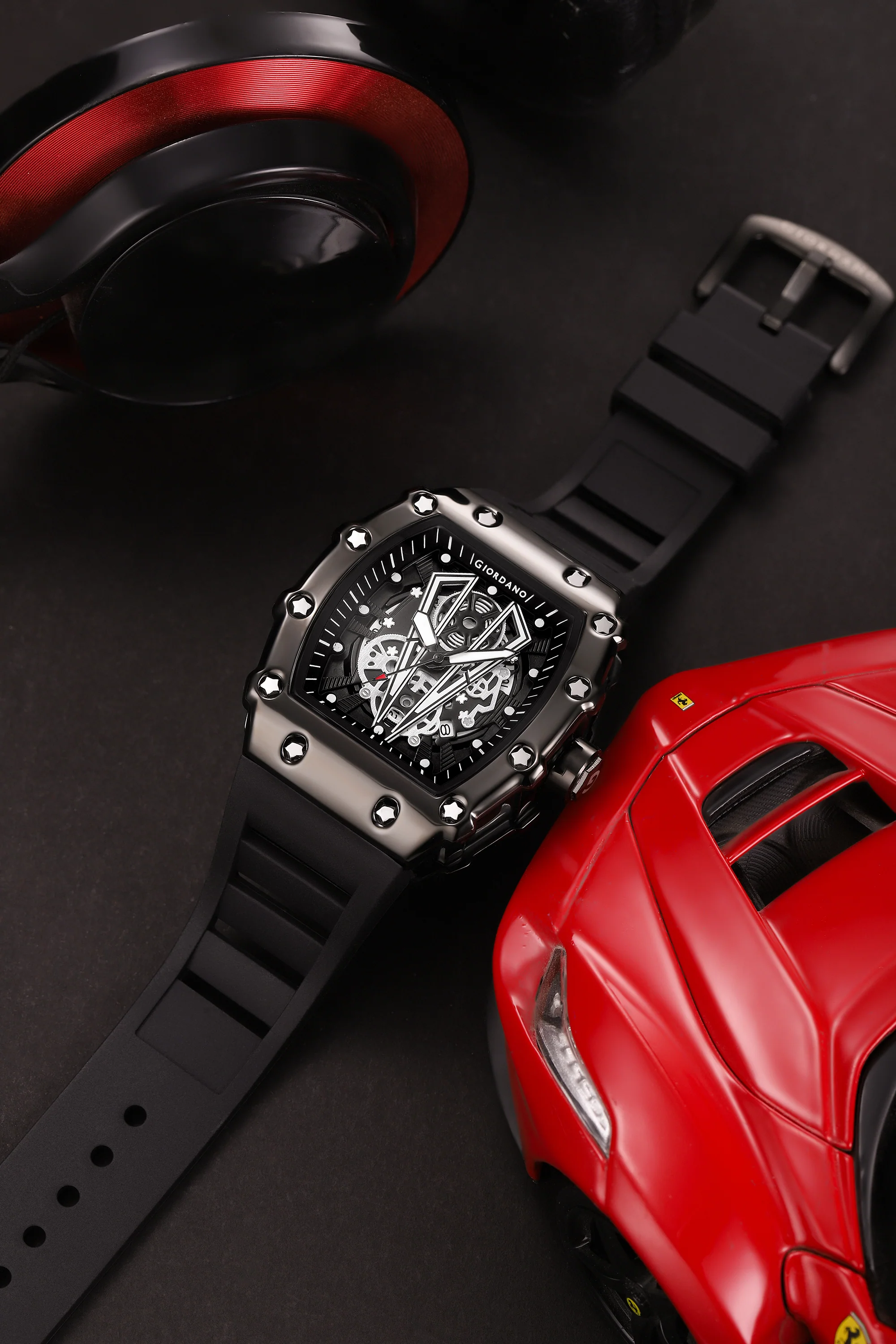 Giordano Analog Quartz Watch for Men with Skeleton Rectangle Black Dial, Date Function, Luminous Hands and Markers, Black Silicone Strap - GZ-50237-11 - Image 3