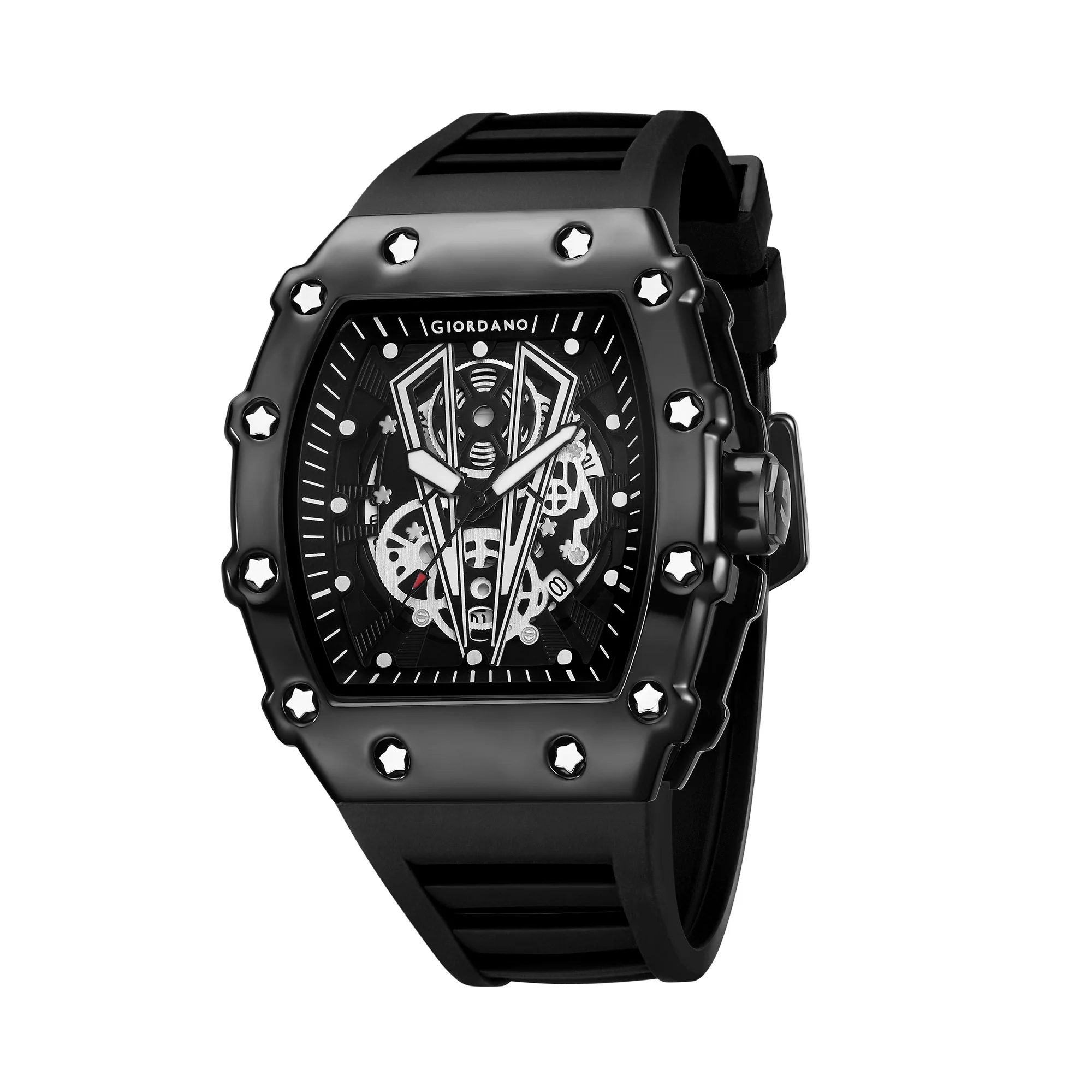 Giordano Analog Quartz Watch for Men with Skeleton Rectangle Black Dial, Date Function, Luminous Hands and Markers, Black Silicone Strap - GZ-50237-11 - Image 5