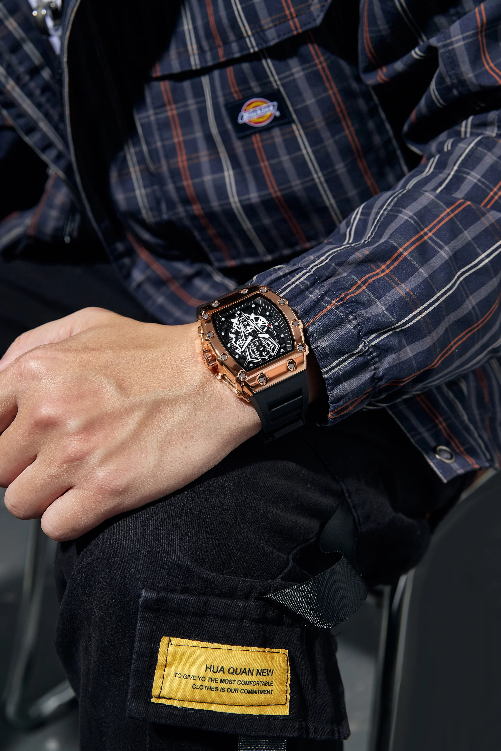 Giordano Analog Quartz Watch for Men with Skeleton Rectangle Black Dial, Date Function, Luminous Hands and Markers, Black Silicone Strap - GZ-50237-22 - Image 2