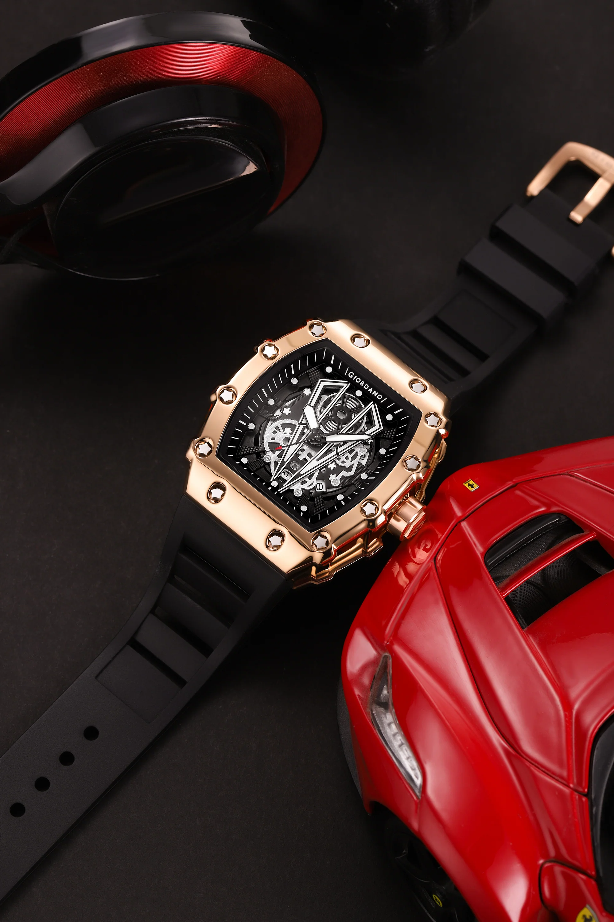 Giordano Analog Quartz Watch for Men with Skeleton Rectangle Black Dial, Date Function, Luminous Hands and Markers, Black Silicone Strap - GZ-50237-22 - Image 3