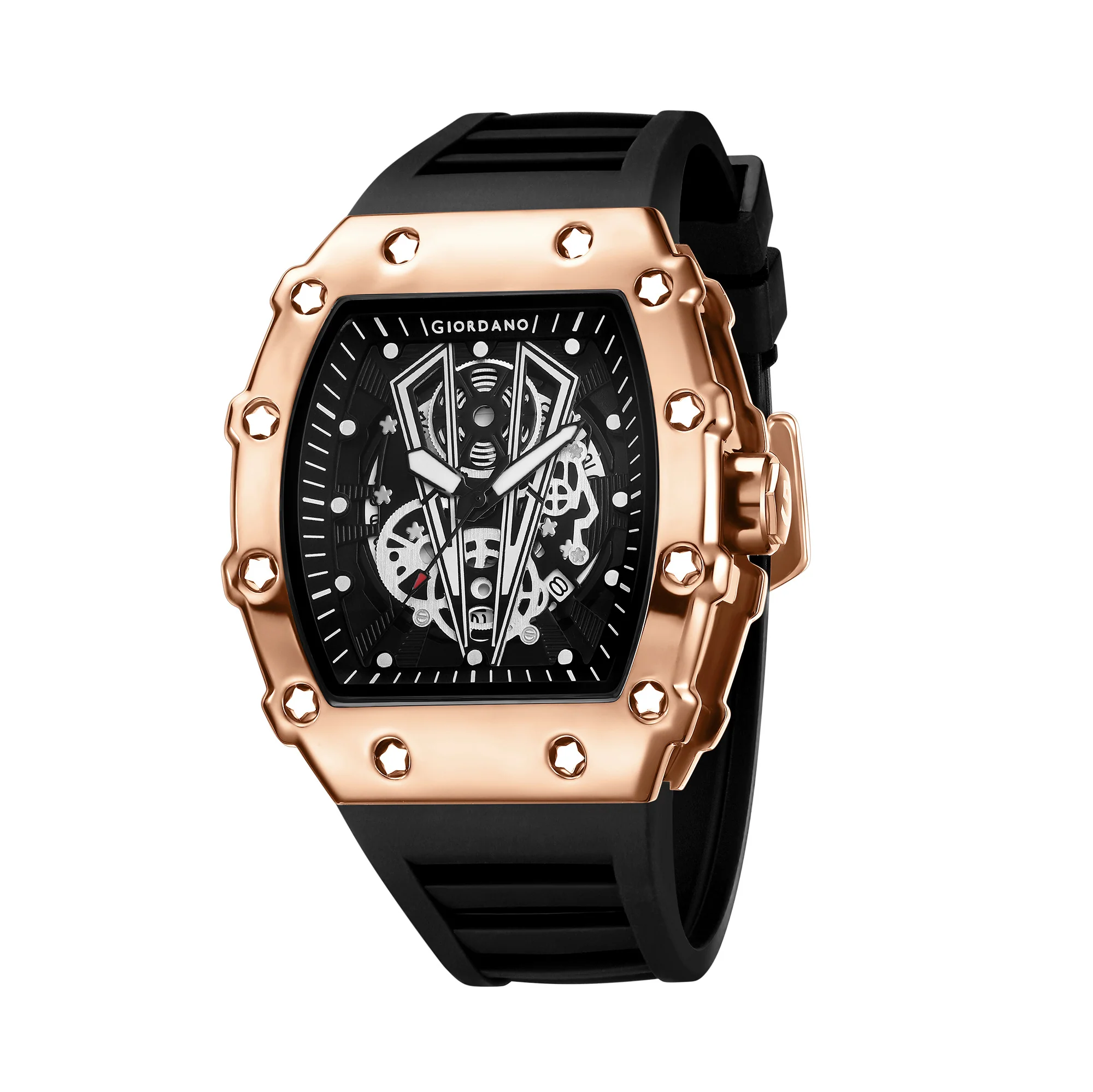 Giordano Analog Quartz Watch for Men with Skeleton Rectangle Black Dial, Date Function, Luminous Hands and Markers, Black Silicone Strap - GZ-50237-22 - Image 5