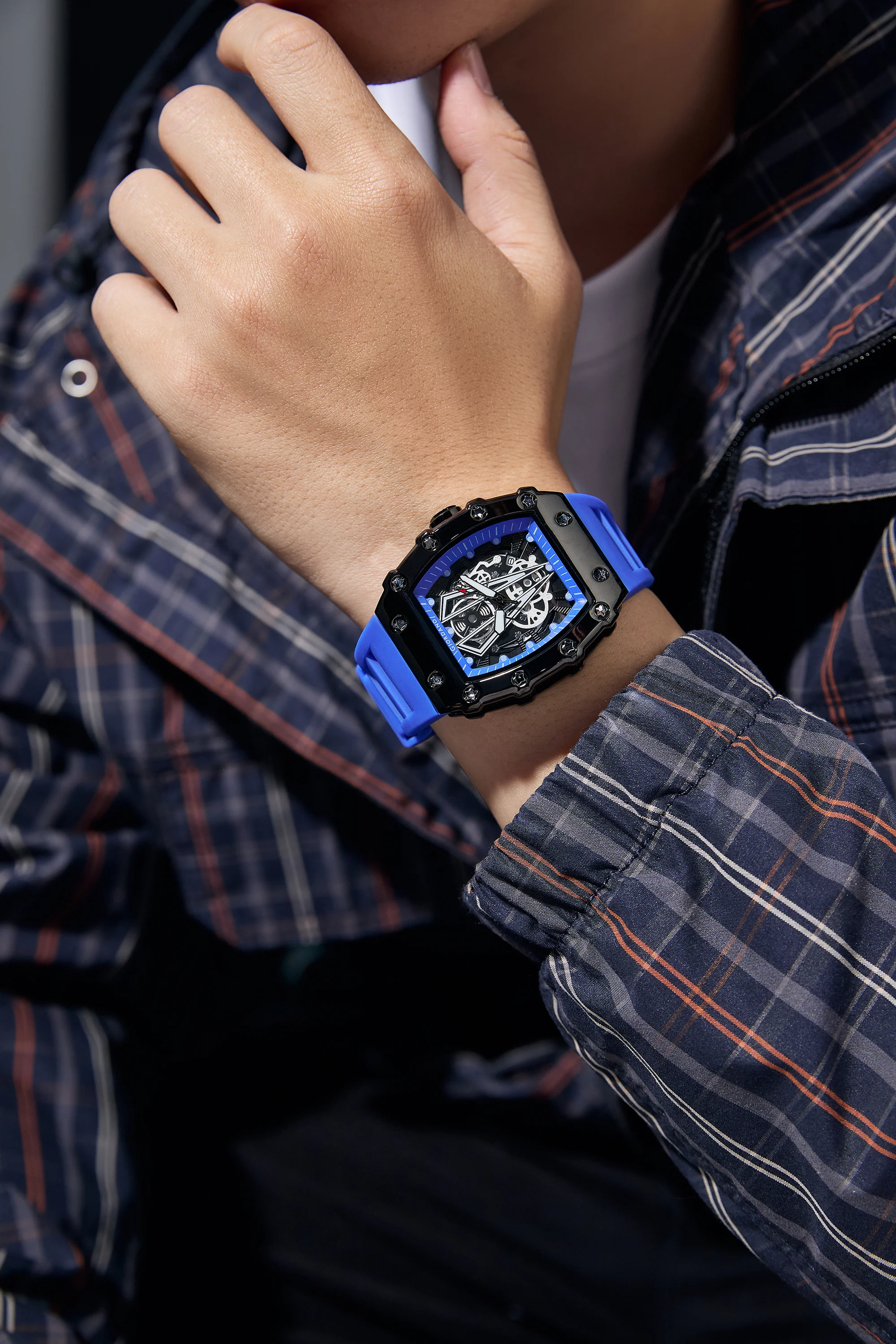Giordano Analog Quartz Watch for Men with Skeleton Rectangle Black Dial, Date Function, Luminous Hands and Markers, Blue Silicone Strap - GZ-50237-44 - Image 2